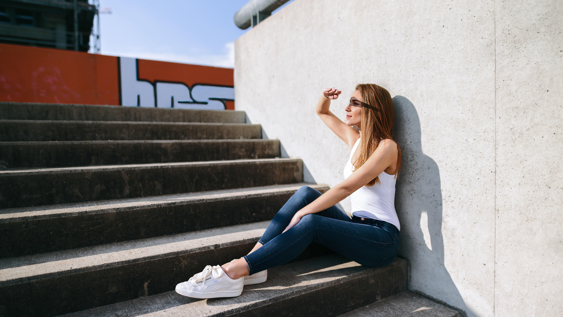 women, blonde, jeans, sneakers, sitting, stairs, women outdoors, looking away, shadow