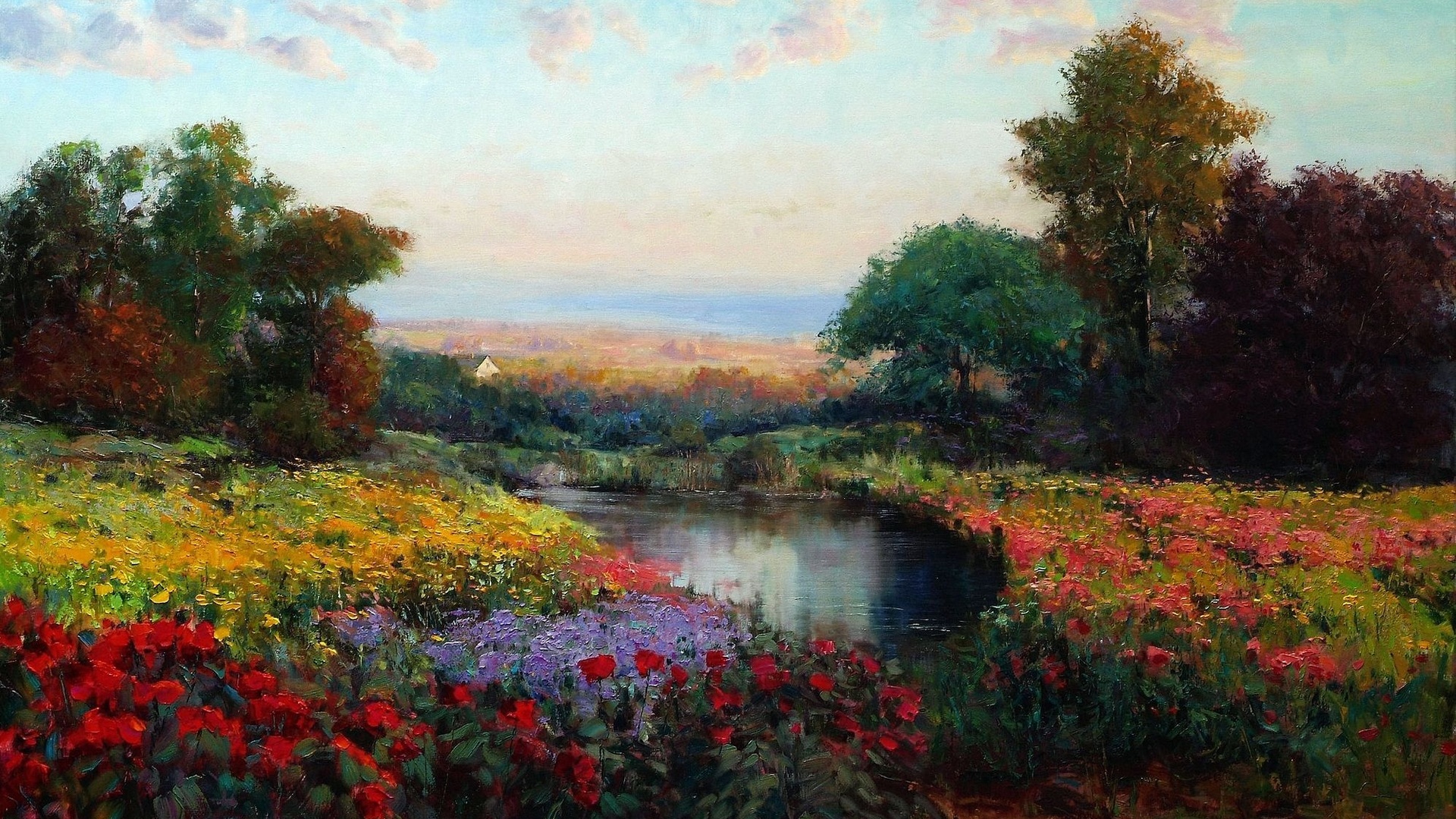 flowers, picture, oil, art, trees, lake, eric wallis, meadow, the sky, landscape, ,,,,,,,,, ,,