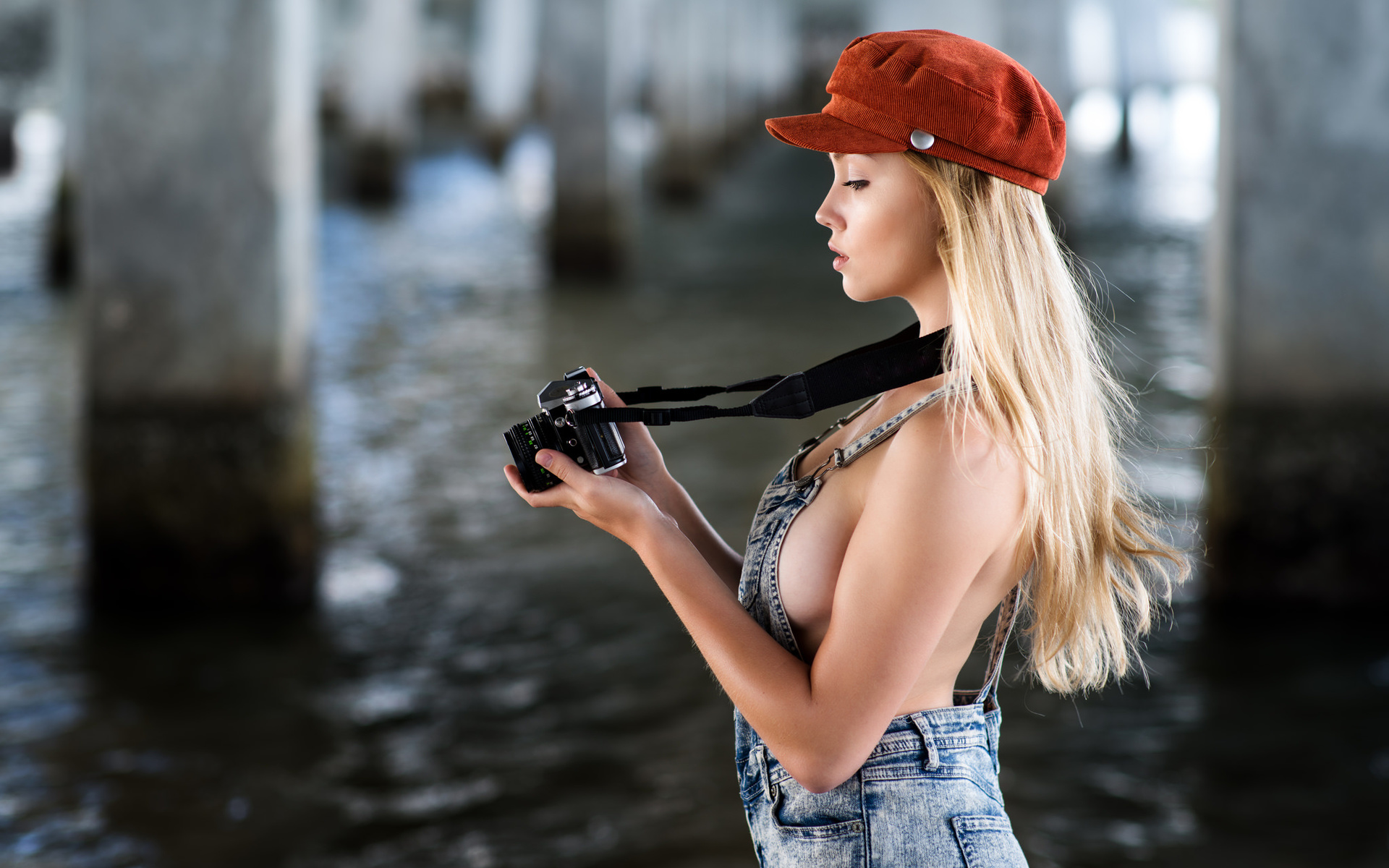 women, blonde, overalls, camera, sideboob, portrait, boobs, depth of field