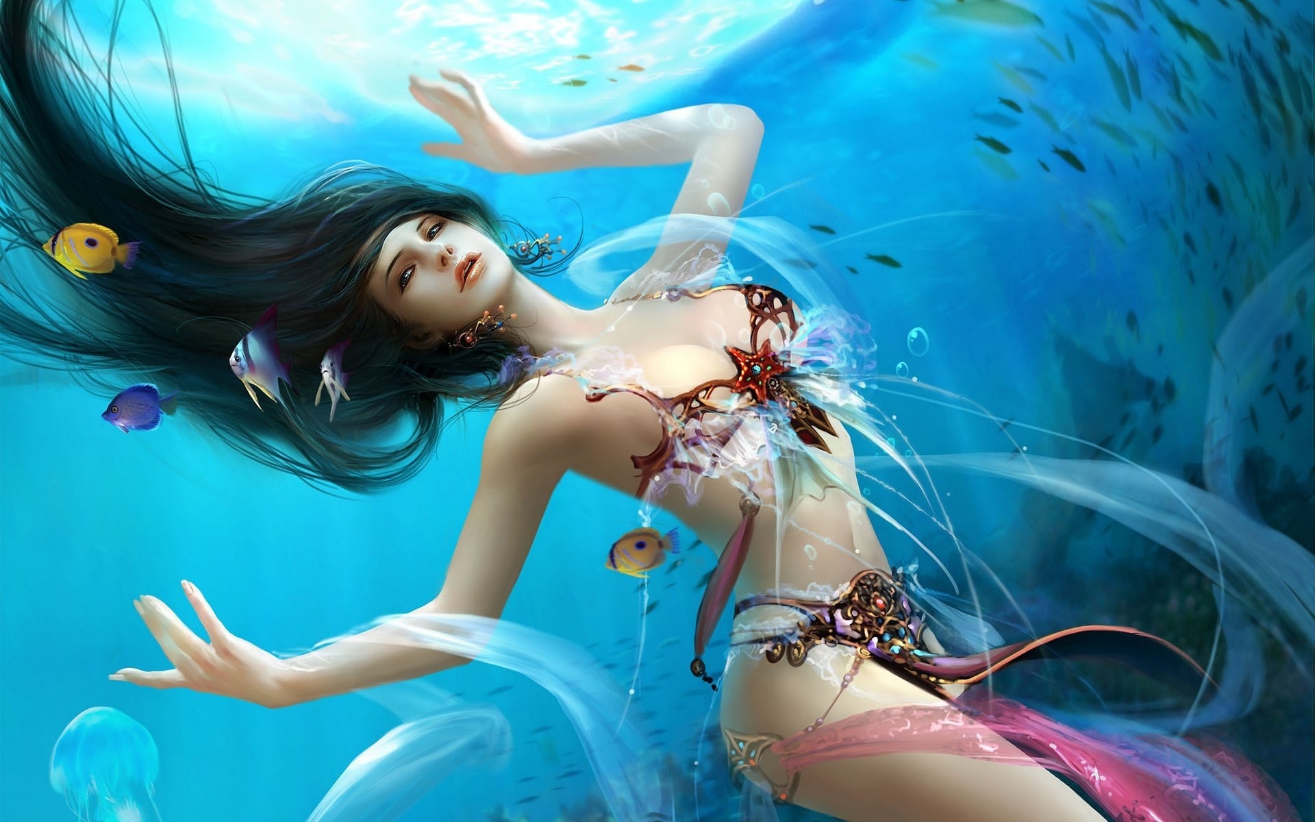 mermaid, mermaid, gbrush, goddess of water, dehong he, sea, fish, fantasy, underwater world, fantasy