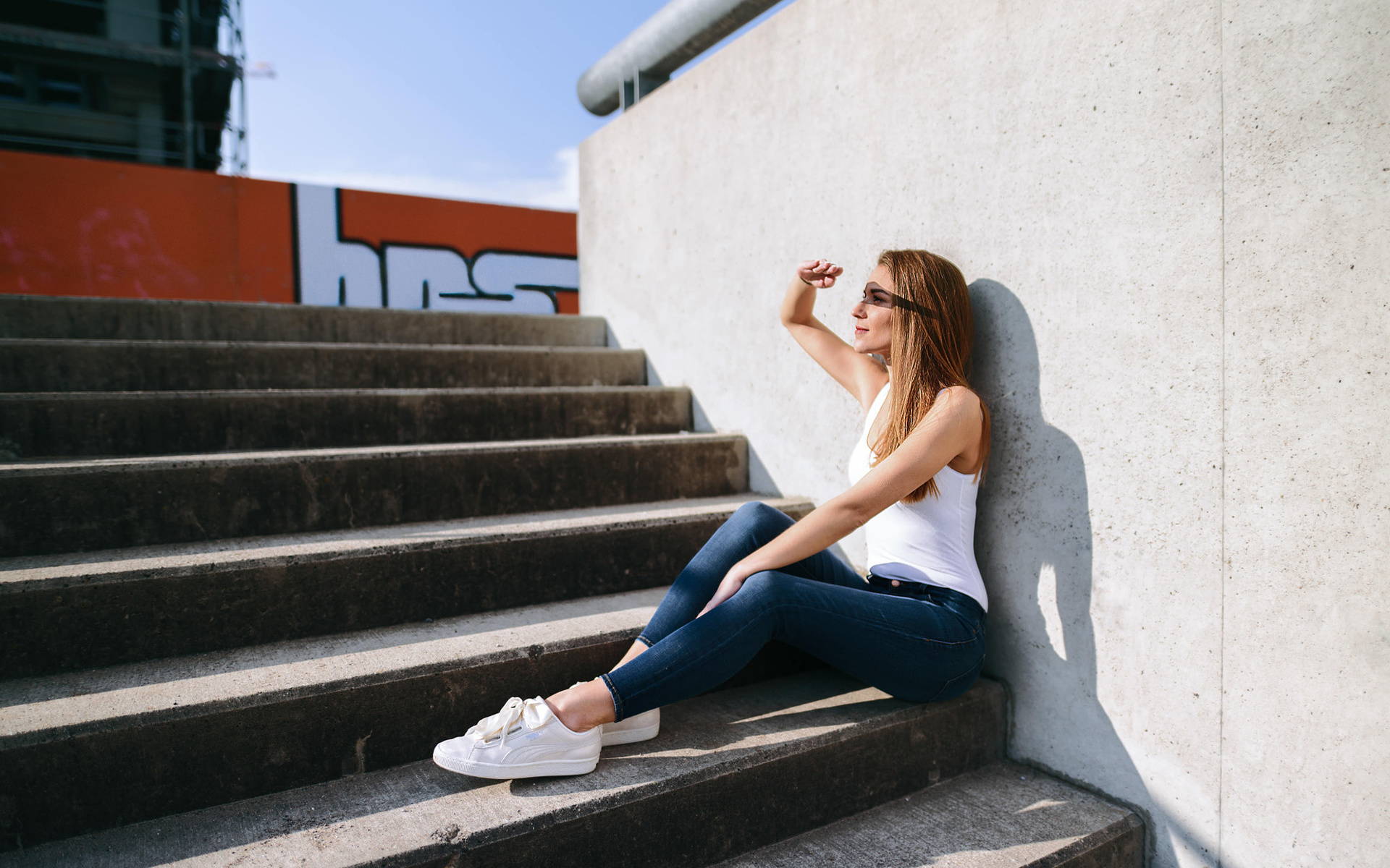 women, blonde, jeans, sneakers, sitting, stairs, women outdoors, looking away, shadow