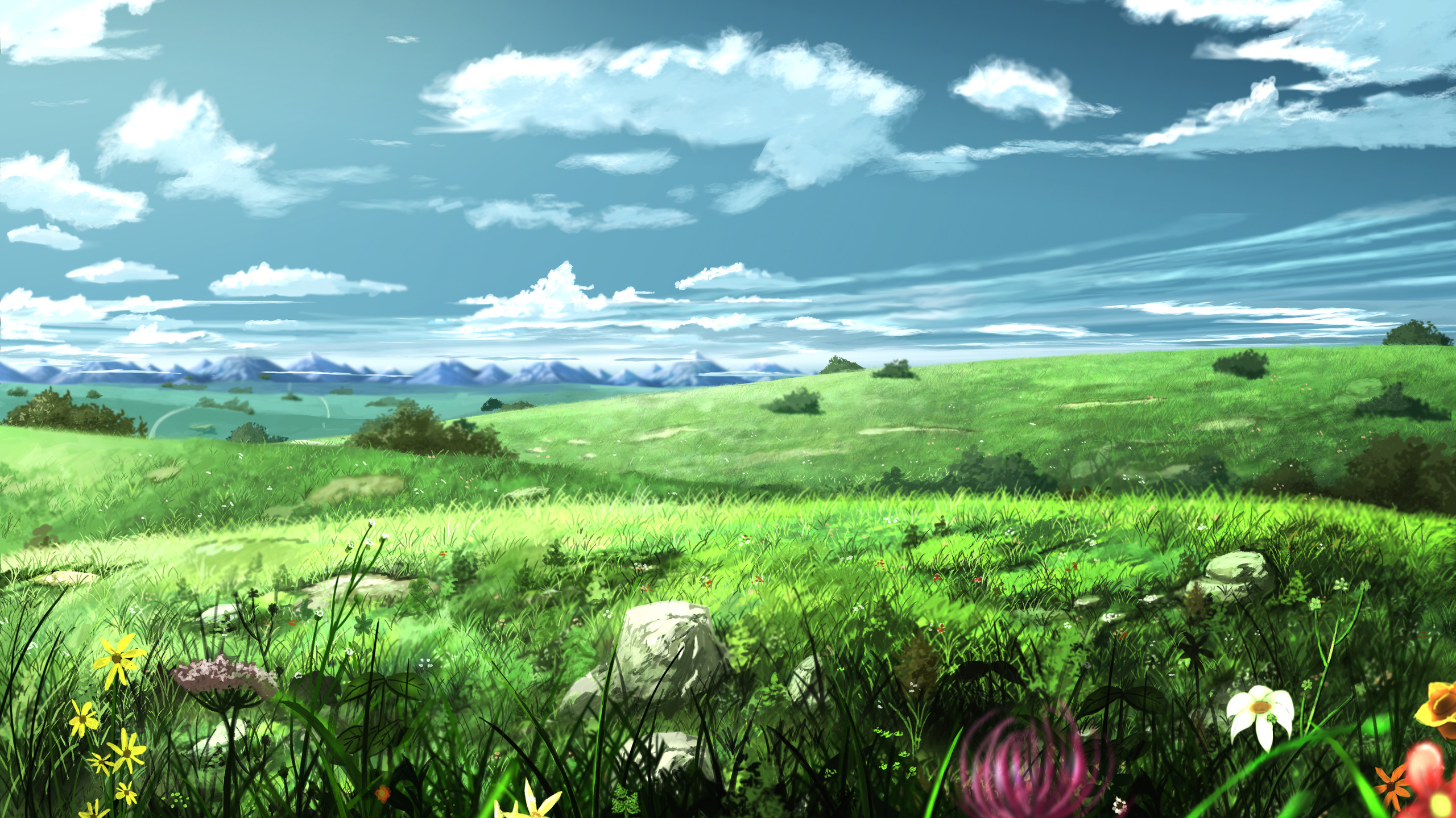 flowers, soyokaze, the sky, art, meadow, painting, landscape, ,,,,,,,,,, ,,