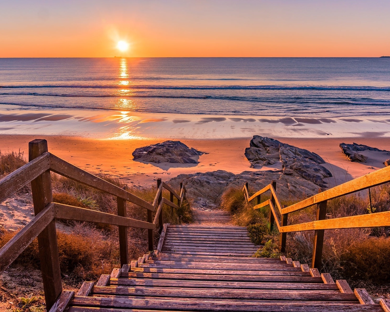 ladder, horizon, sea shore, sunset