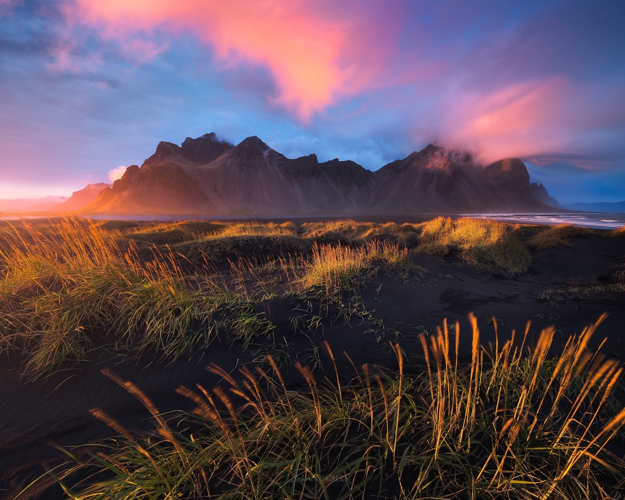 clouds, cape, the sky, iceland, the evening, have stoknes, hornafjordur, beach, the fjord, mountains, light, morning