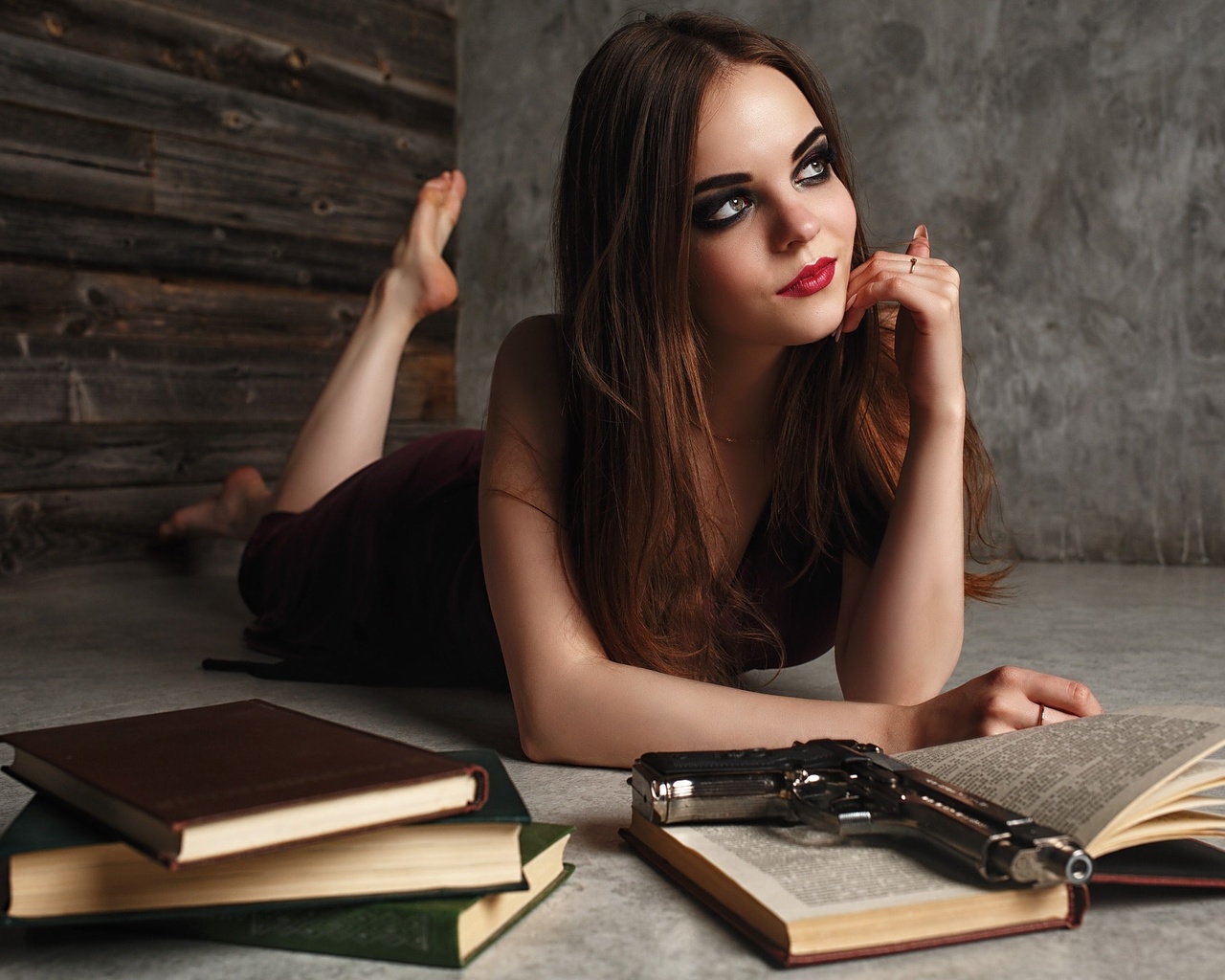 , , , , , , , , , , , yri filichkin, , , eyes, model, girl, hair, dress, lips, smile, face, portrait, photoshoot, brunette, gun, books