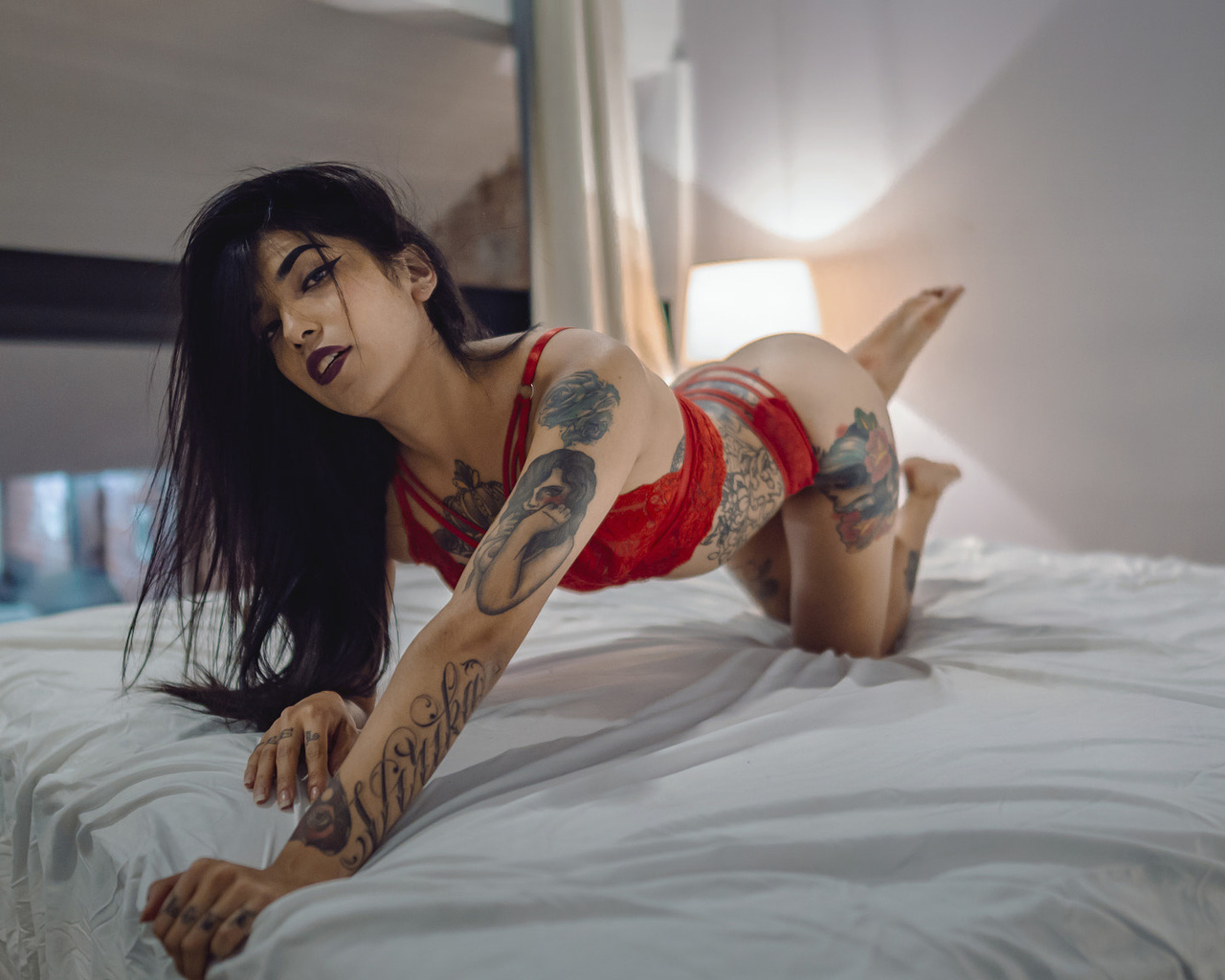 women, tattoo, brunette, in bed, red lingerie, lamp, ass, eyeliner