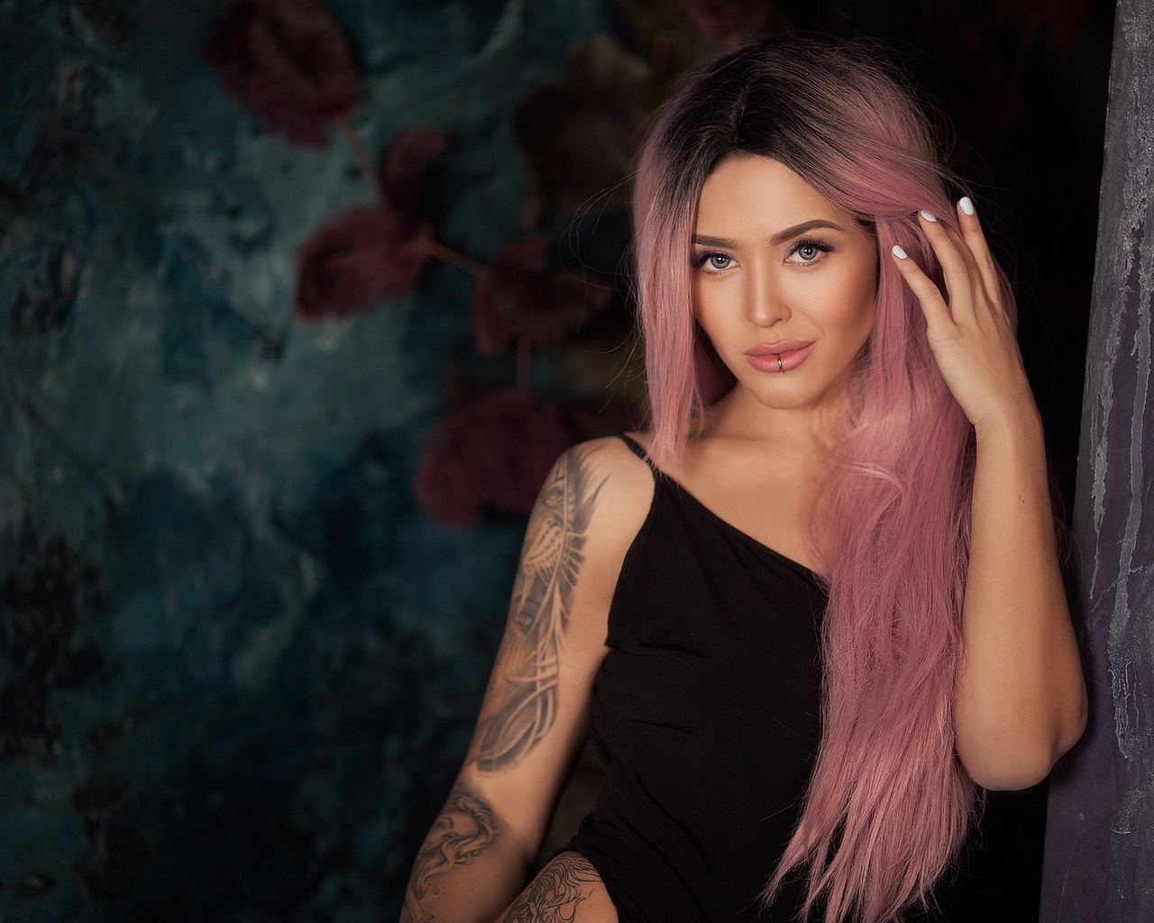 women, tanned, pink hair, dyed hair, tattoo, lip ring, monokinis, portrait, long hair, white nails, pink lipstick