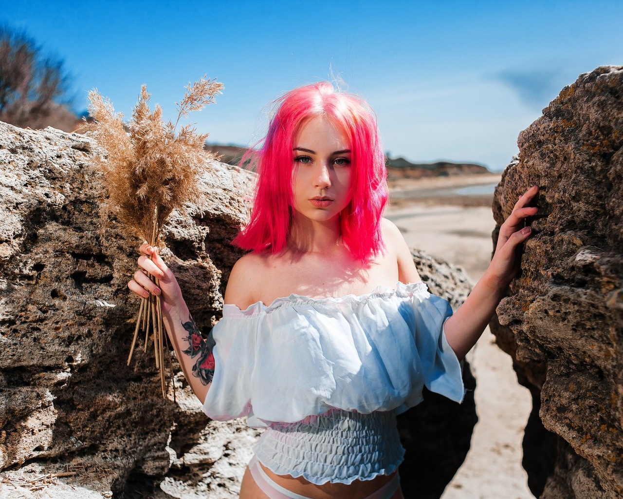 women, pink hair, women outdoors, dyed hair, portrait, tattoo, rocks, white panties