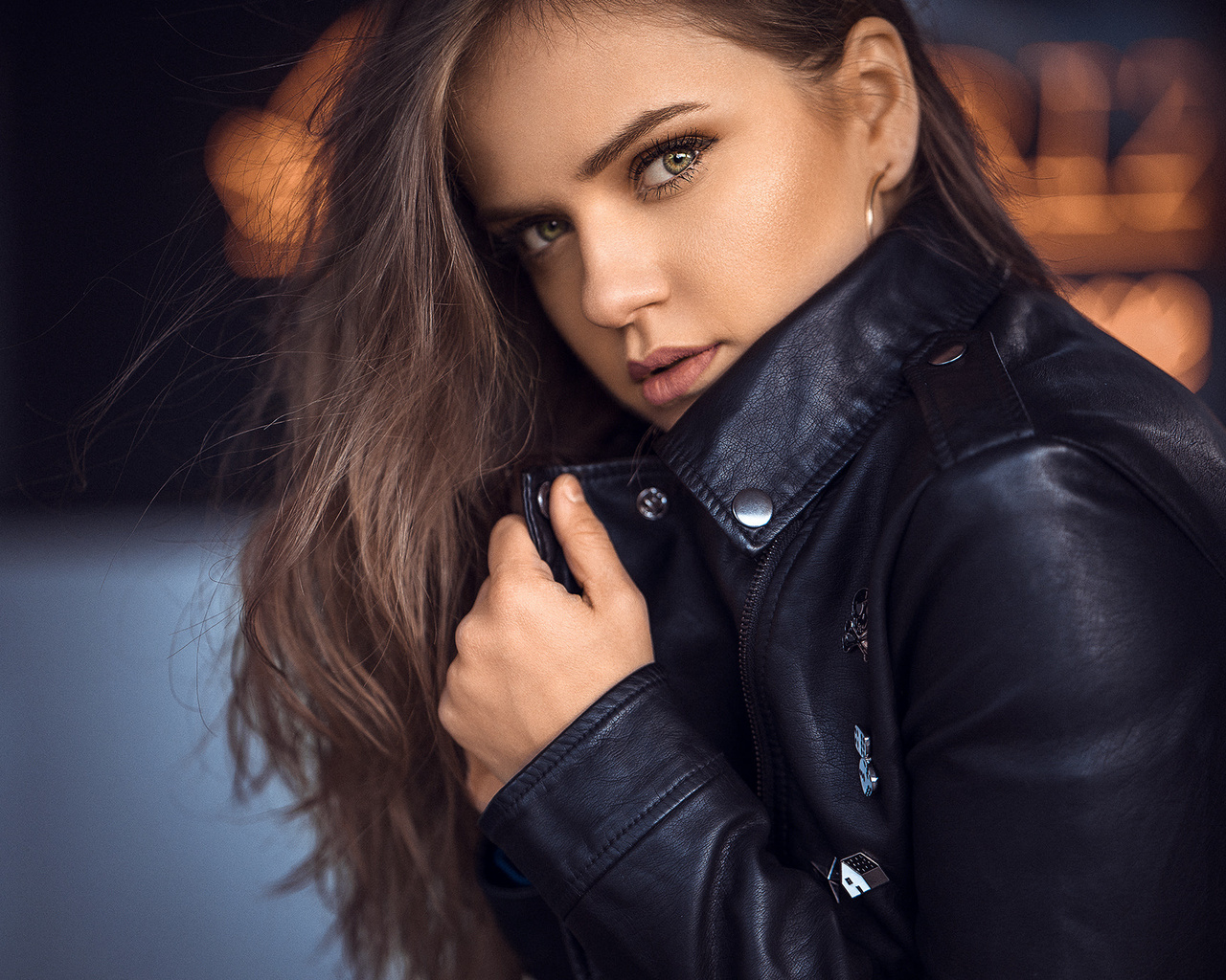 women, face, portrait, leather jackets, pink lipstick, 