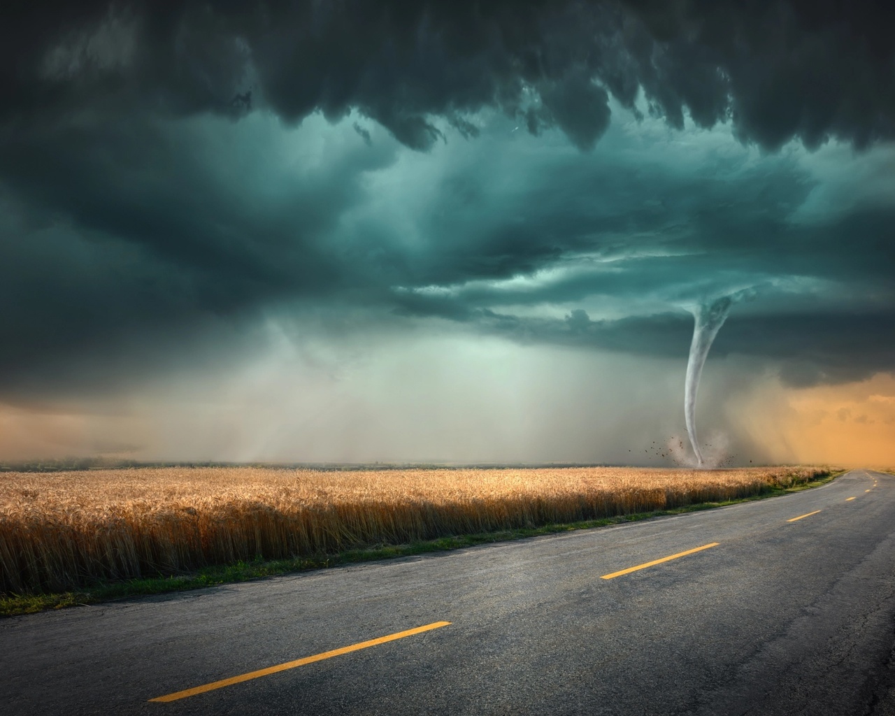 tornado, field, tornado, clouds, road