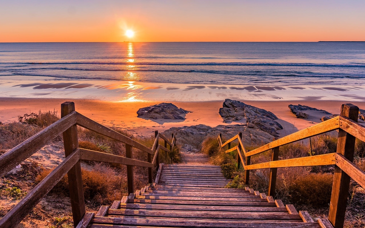 ladder, horizon, sea shore, sunset