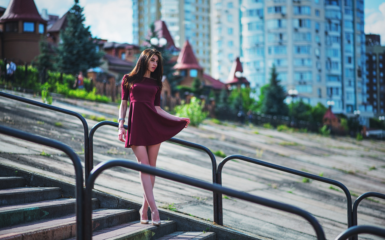 women, dress, high heels, stairs, women outdoors, depth of field, building