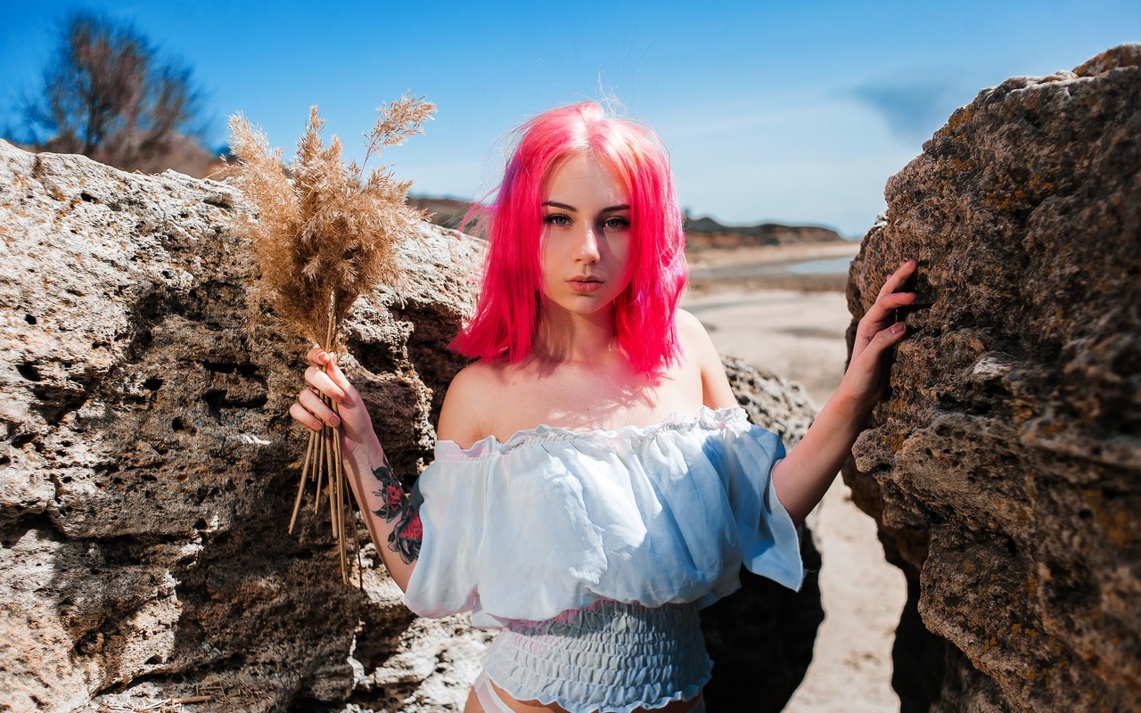 women, pink hair, women outdoors, dyed hair, portrait, tattoo, rocks, white panties