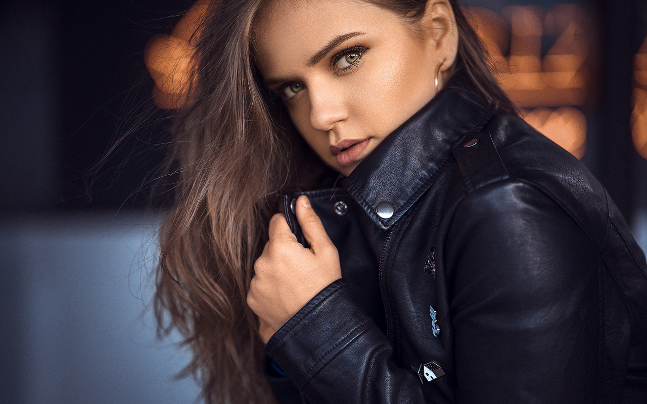 women, face, portrait, leather jackets, pink lipstick, 