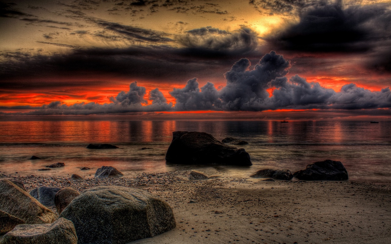 rocks, beach, stones, sand, sea, sunset, colors, the ocean