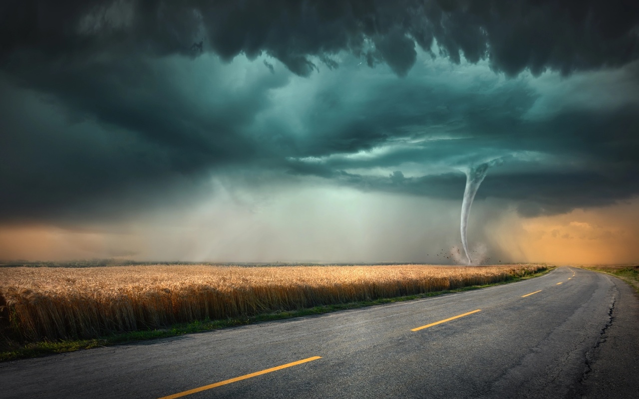 tornado, field, tornado, clouds, road