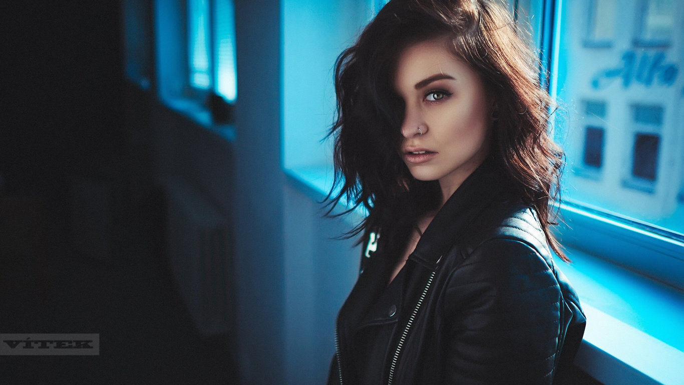 women, face, portrait, leather jackets, nose ring, window