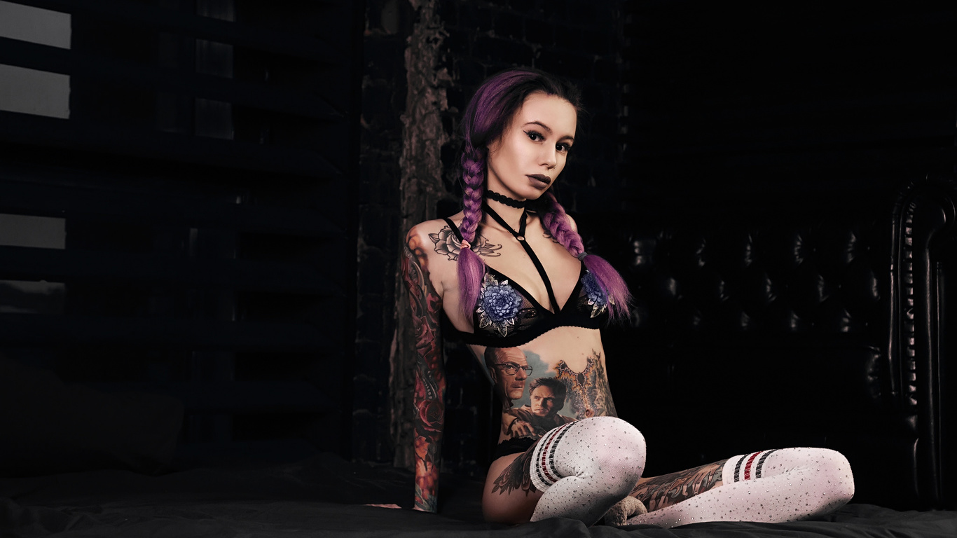 women, choker, black lingerie, white stockings, pigtails, purple hair, belly, sitting, tattoo, dyed hair, eyeliner, nose ring, in bed, pillow