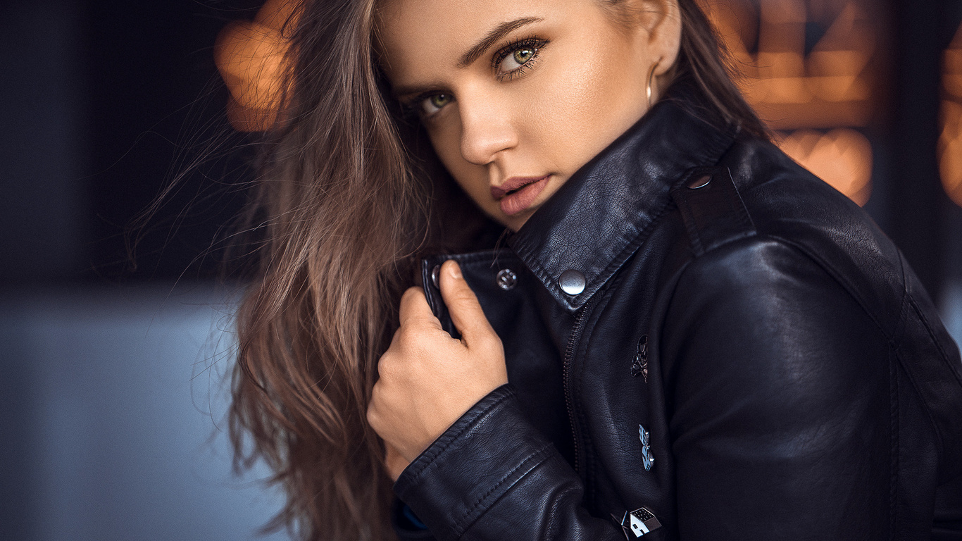 women, face, portrait, leather jackets, pink lipstick, 