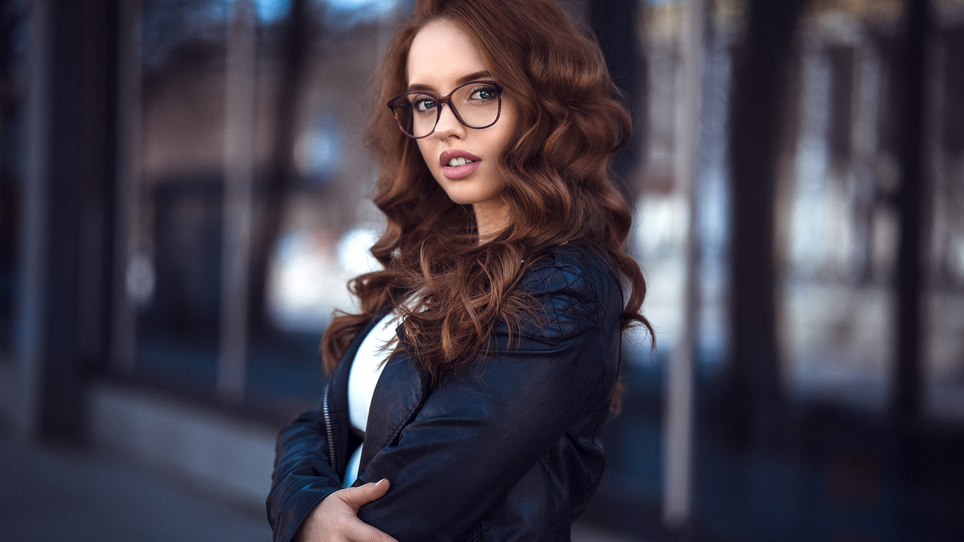 women, portrait, pink lipstick, leather jackets, women with glasses