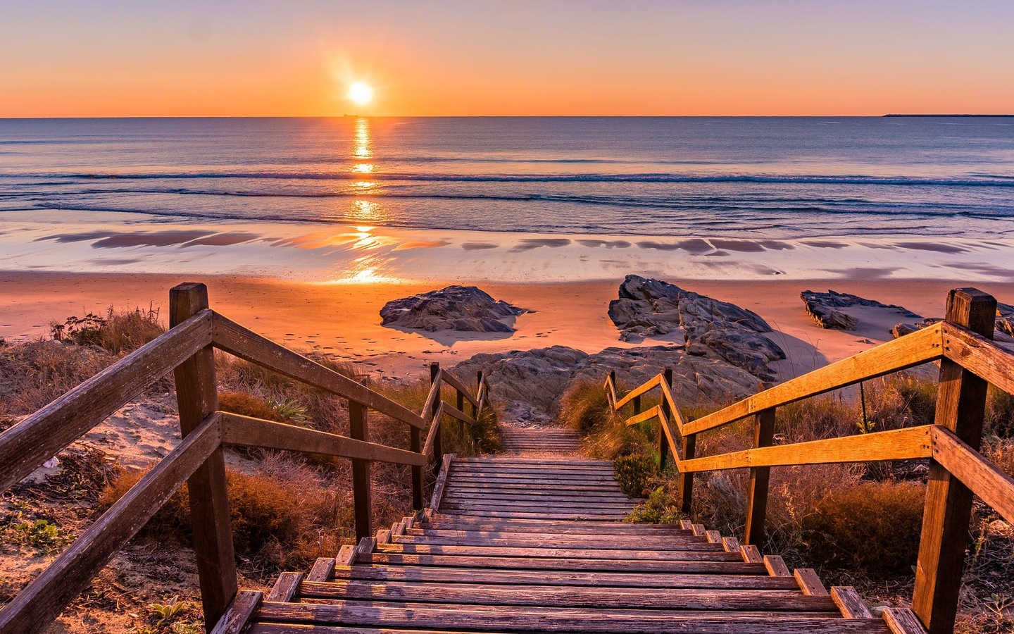 ladder, horizon, sea shore, sunset