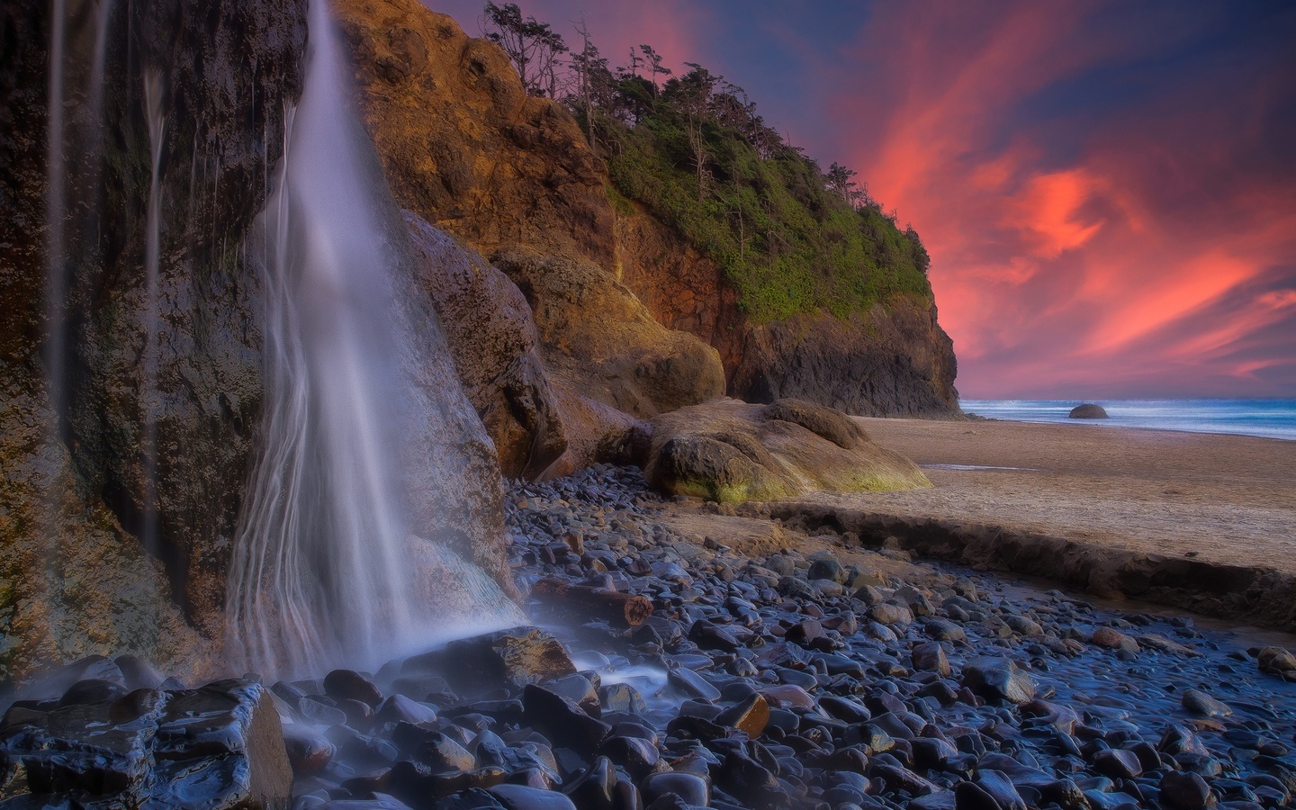 sunset, stones, rocks, hug point state park, hug point falls, oregon, the pacific ocean, coast, oregon, pacific ocean, waterfall