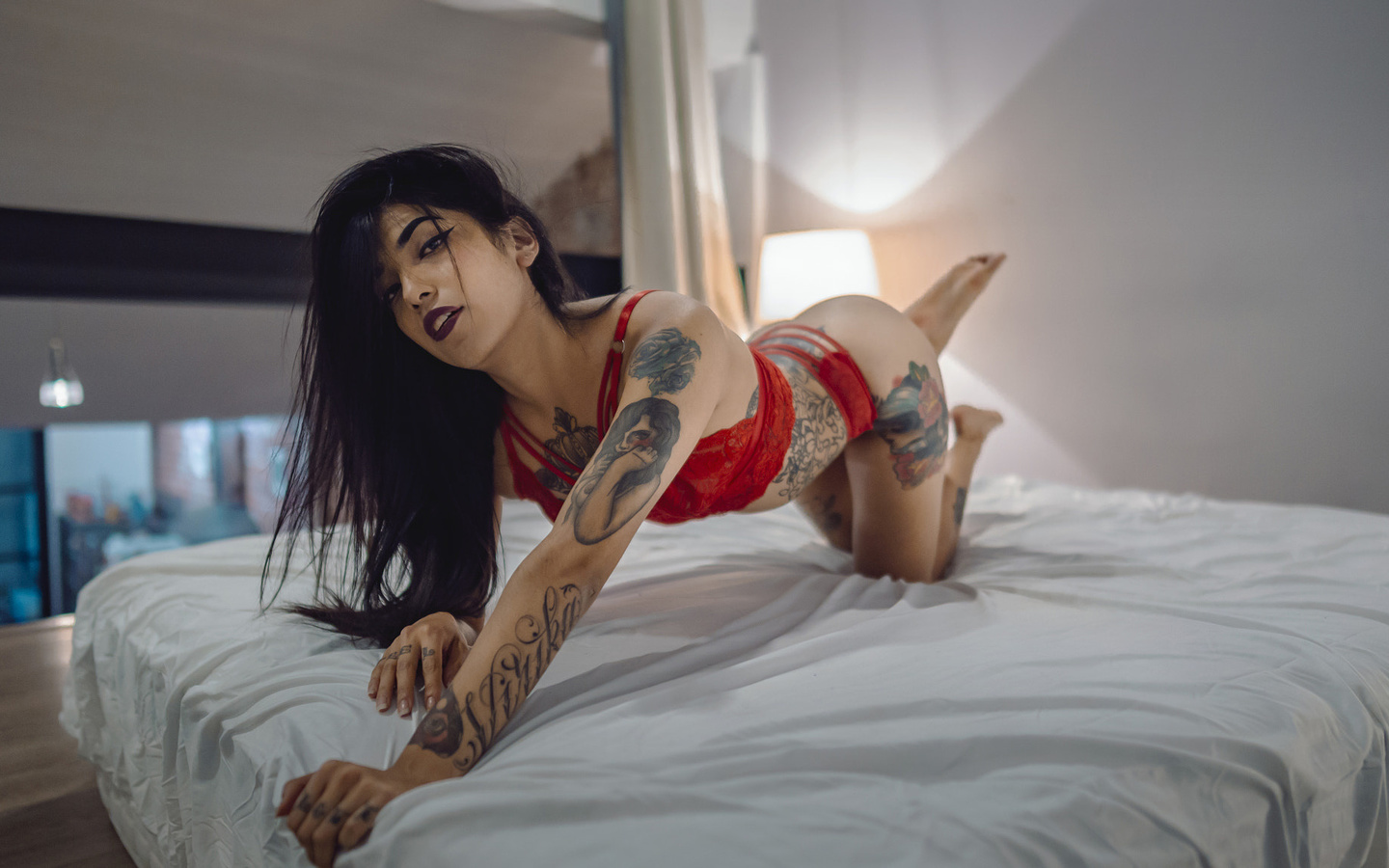 women, tattoo, brunette, in bed, red lingerie, lamp, ass, eyeliner