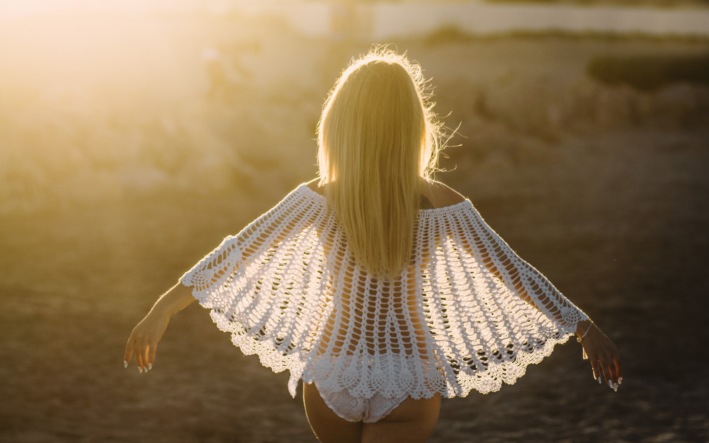 women, blonde, back, white nails, tattoo, ass, white panties, see-through clothing, women outdoors, depth of field