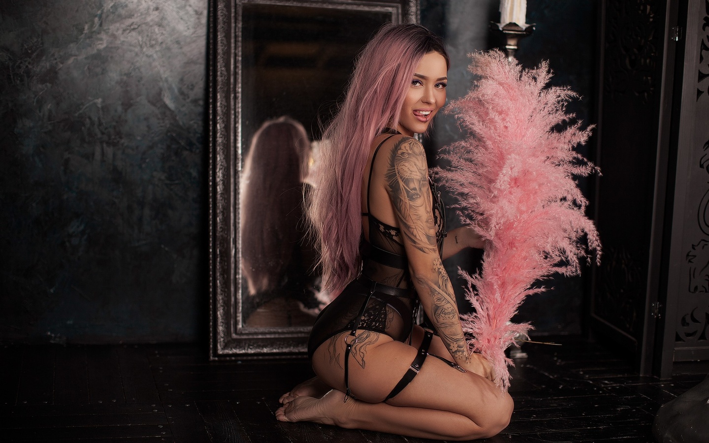 women, pink hair, tanned, mirror, reflection, dyed hair, tattoo, ass, on the floor, kneeling, smiling, black lingerie, tongues, lip ring