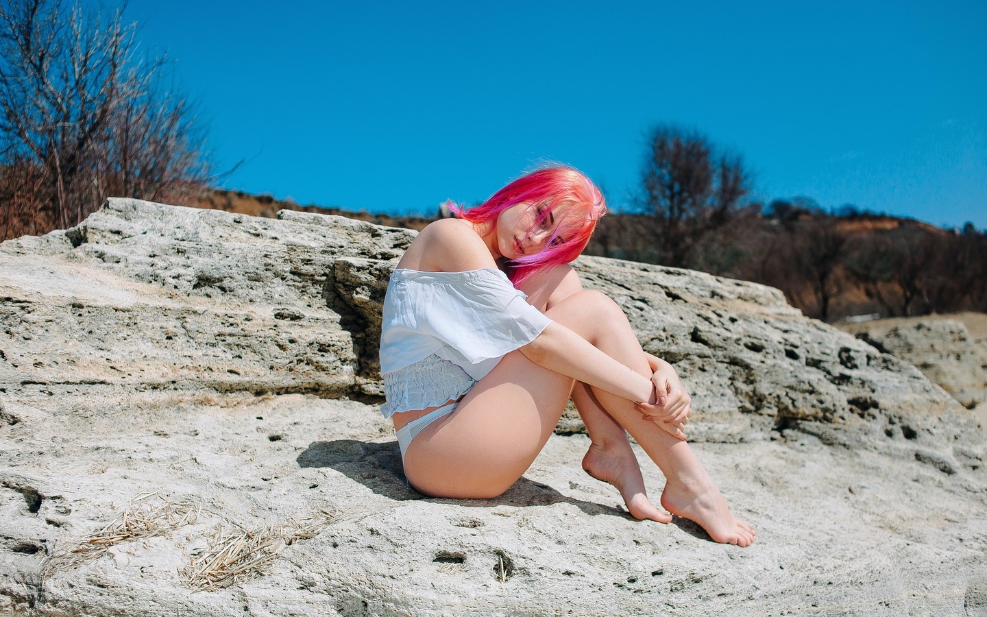 women, pink hair, women outdoors, dyed hair, sitting, white panties, hair in face