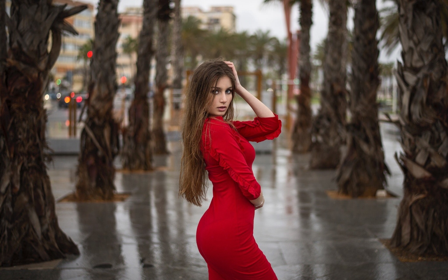 women, red dress, women outdoors, long hair, palm trees, depth of field, portrait, pink lipstick