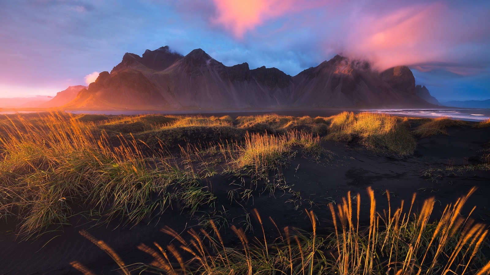 clouds, cape, the sky, iceland, the evening, have stoknes, hornafjordur, beach, the fjord, mountains, light, morning