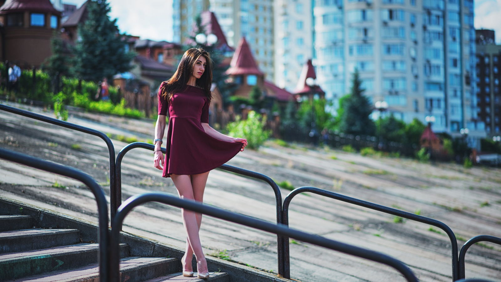 women, dress, high heels, stairs, women outdoors, depth of field, building