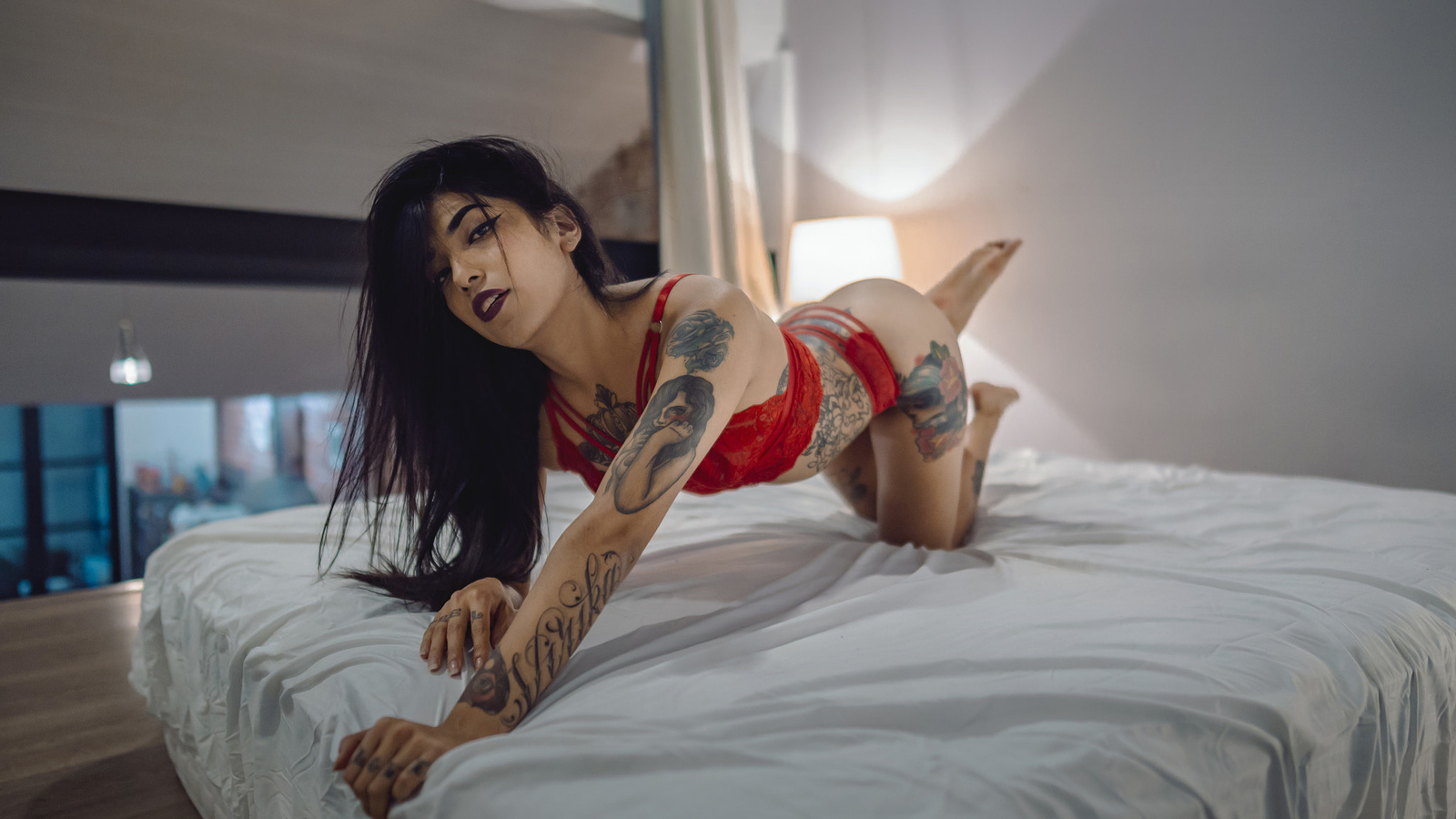 women, tattoo, brunette, in bed, red lingerie, lamp, ass, eyeliner