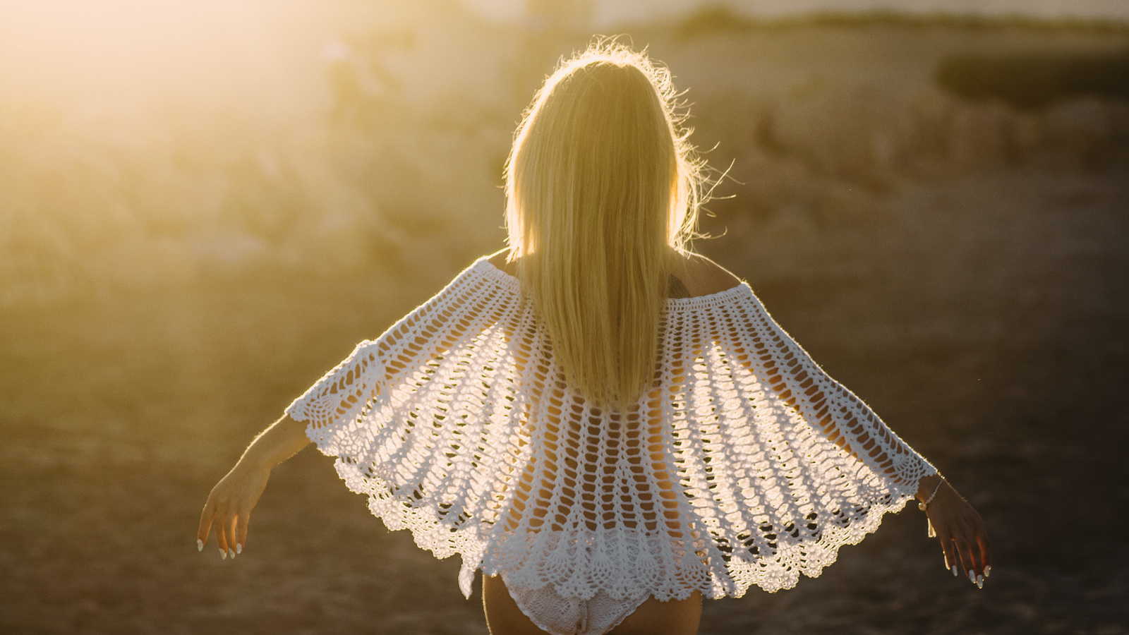 women, blonde, back, white nails, tattoo, ass, white panties, see-through clothing, women outdoors, depth of field