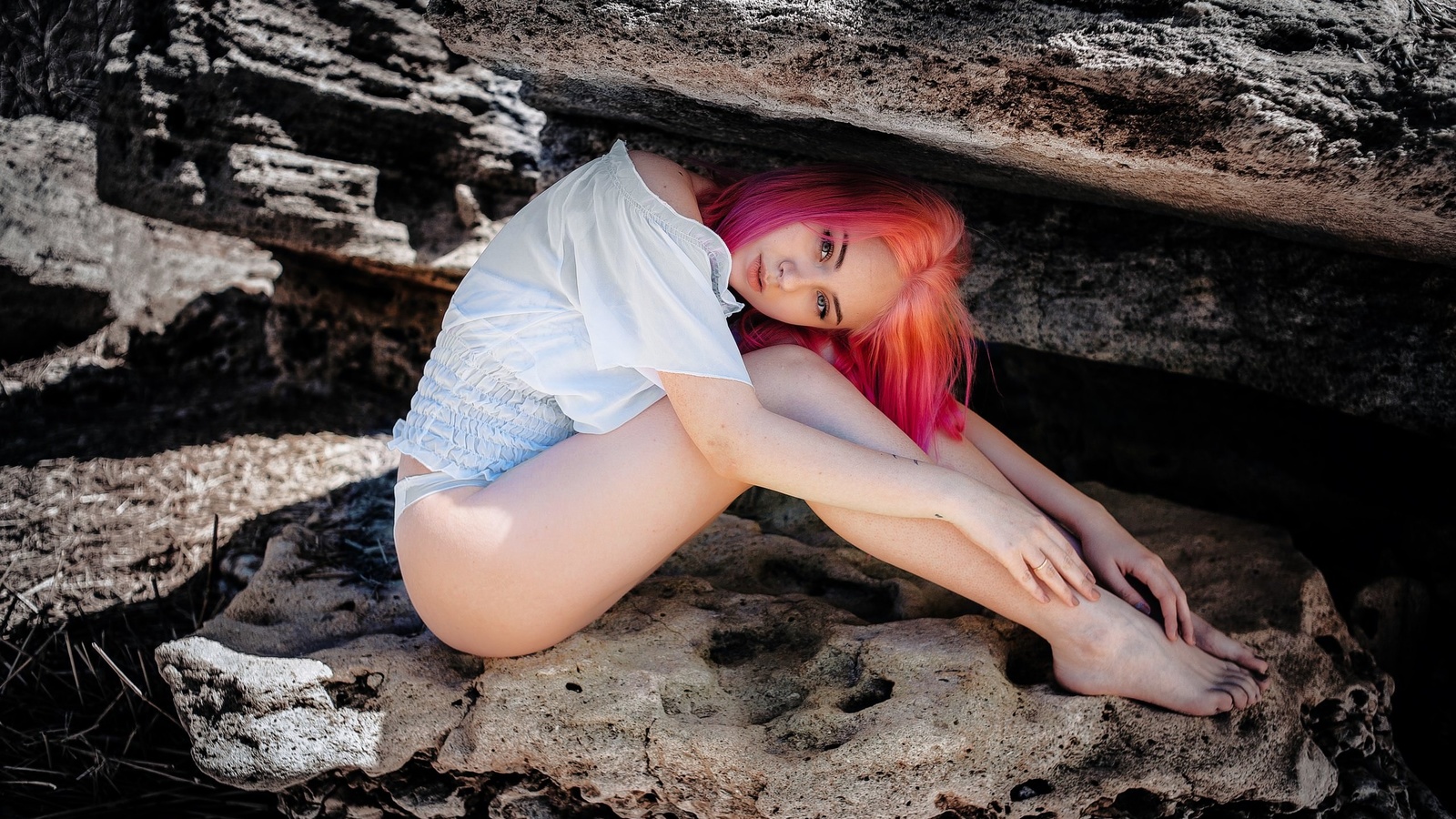 women, pink hair, women outdoors, dyed hair, tattoo, sitting, white panties, rocks