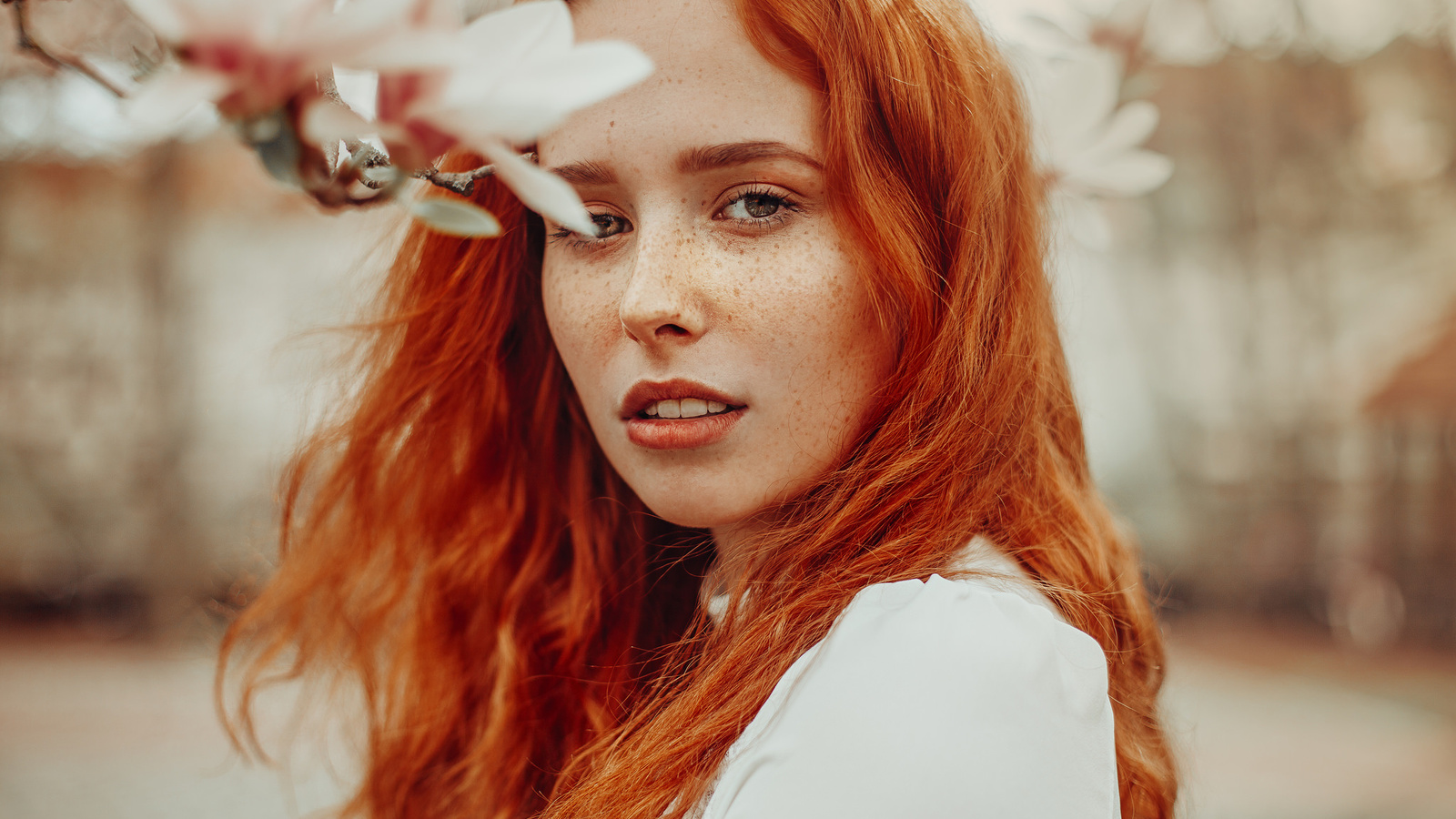 women, face, portrait, women outdoors, depth of field, redhead, freckles