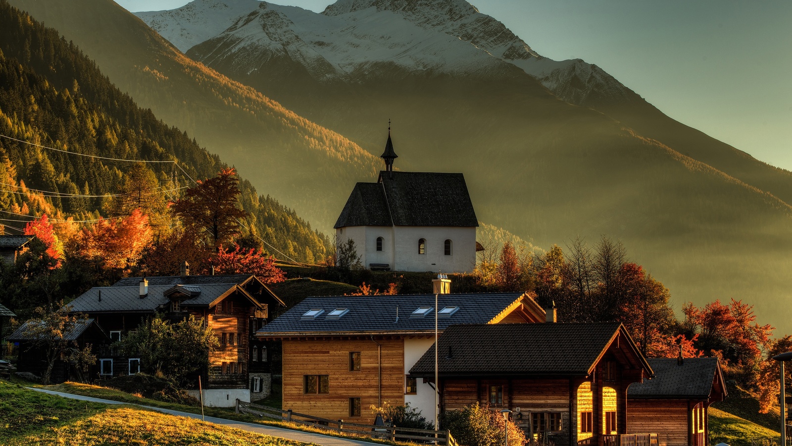 forest, autumn, sky, sun, wallis, goms, stone house, trees, mountains, switzerland