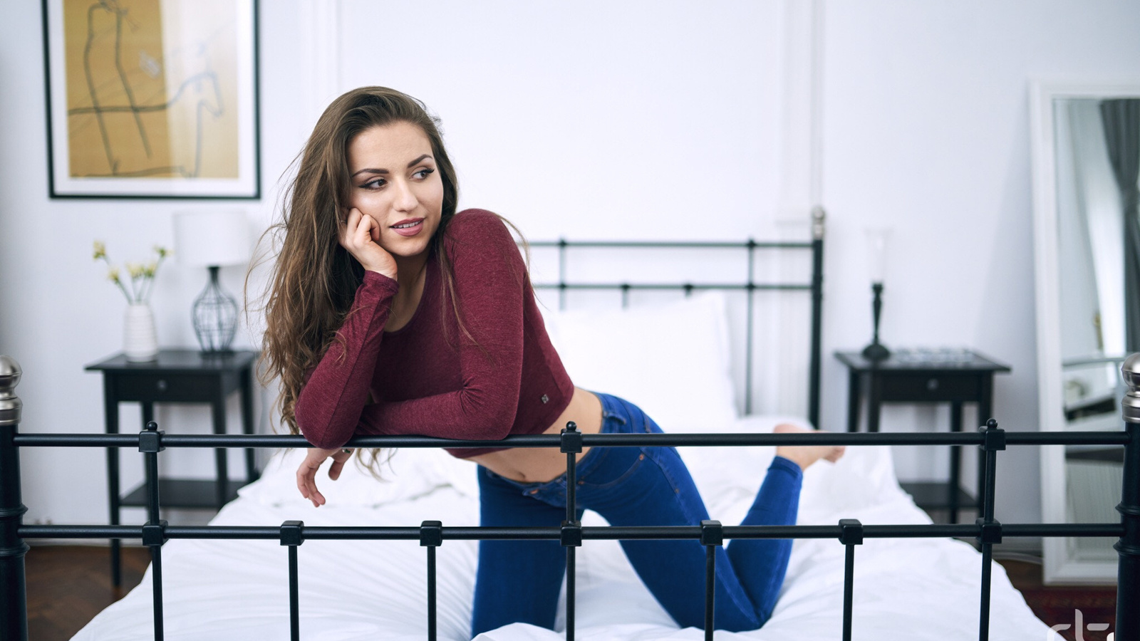 women, in bed, belly, jeans, pillow, kneeling, pink lipstick, brunette