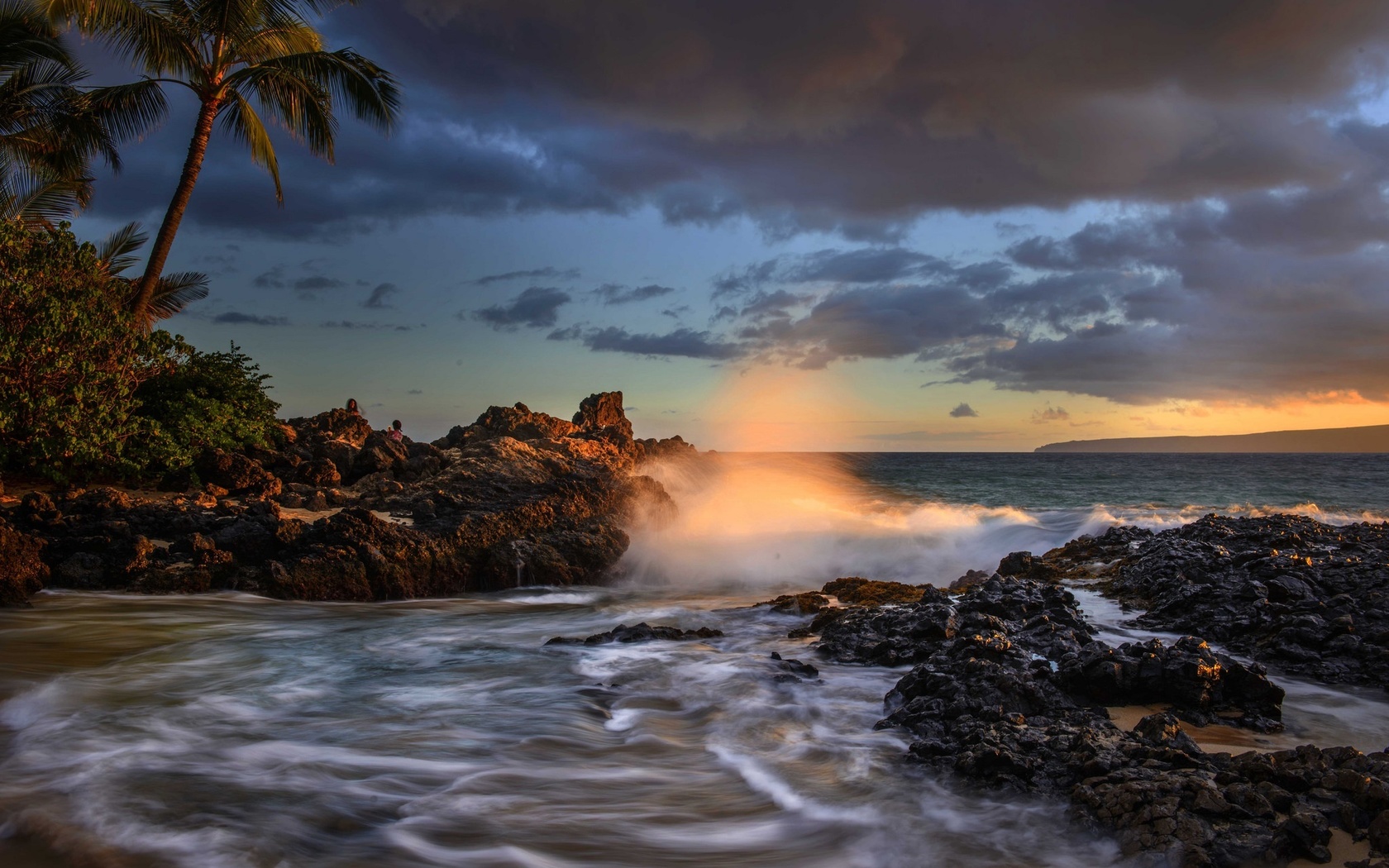 palm trees, makena cove, pacific ocean, hawaii, coast, maui, the ocean, maui, sunset, the pacific ocean, hawaii