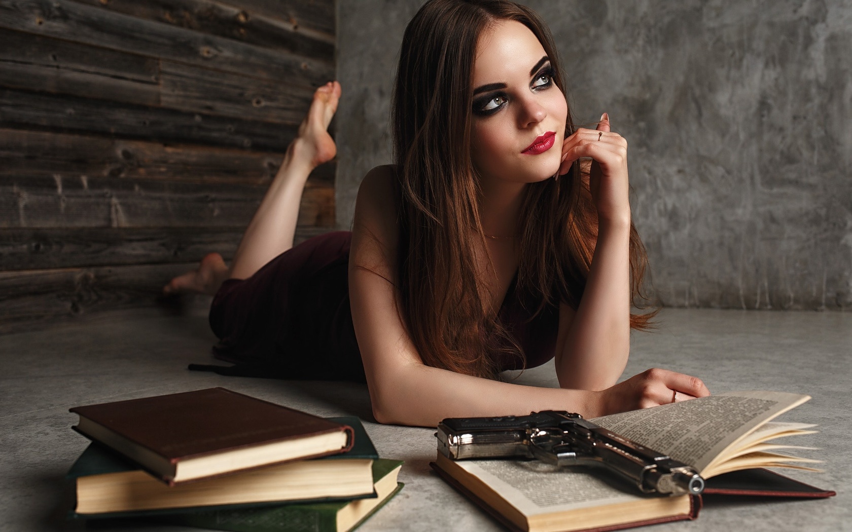 , , , , , , , , , , , yri filichkin, , , eyes, model, girl, hair, dress, lips, smile, face, portrait, photoshoot, brunette, gun, books