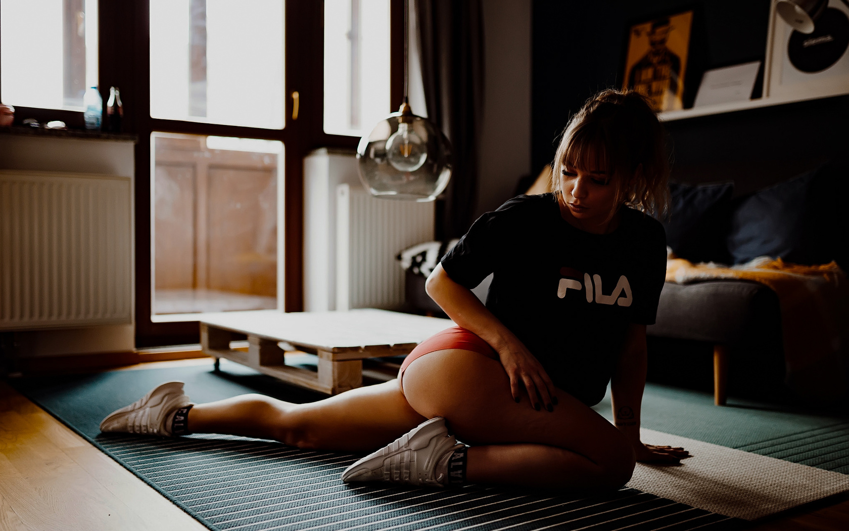 women, tanned, kneeling, light bulb, tattoo, socks, t-shirt, fila, on the floor, nose ring