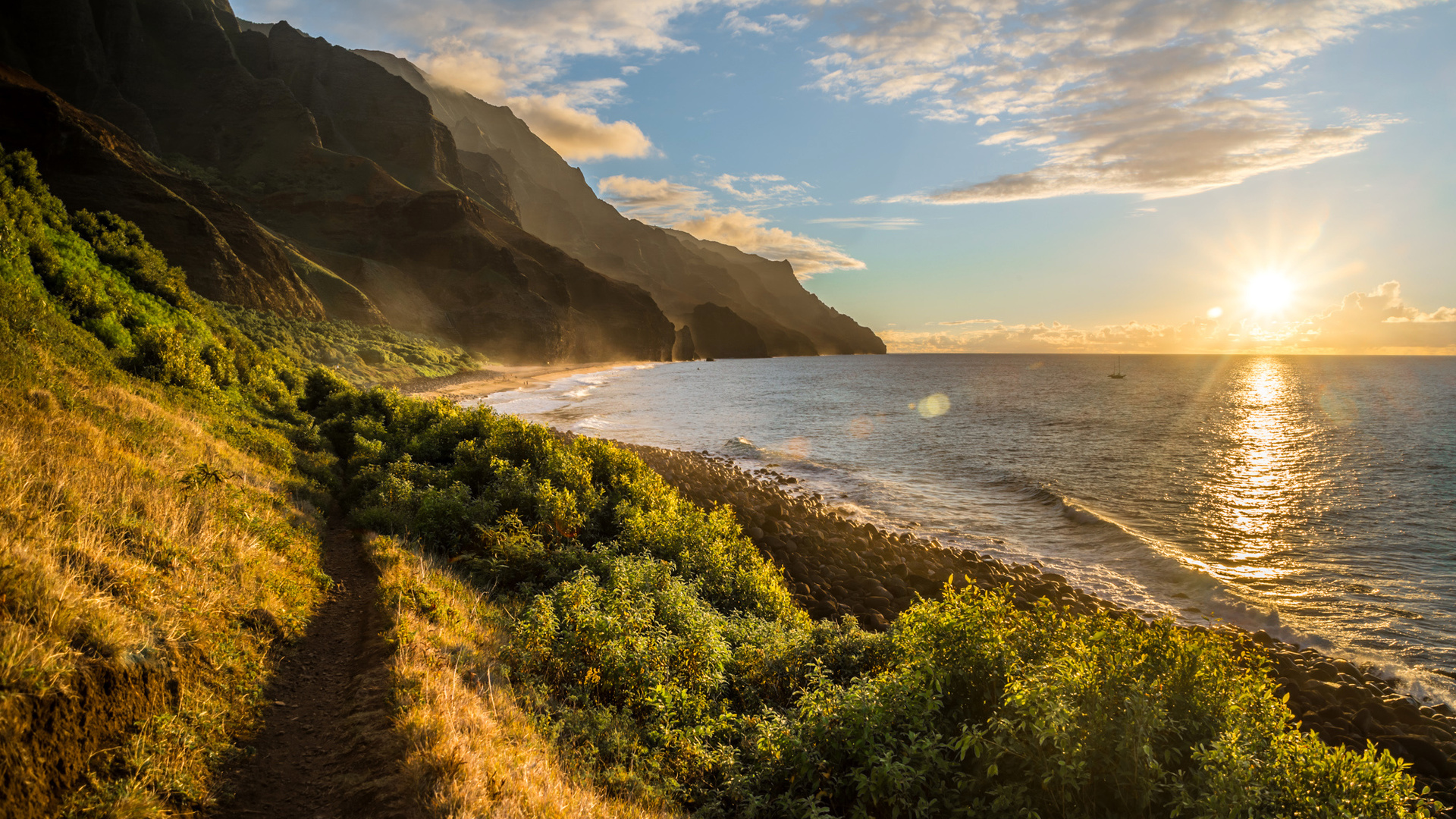 dawn, coast, sea, rocks, kalalau, the sun, the sky, horizon, clouds, hawaii