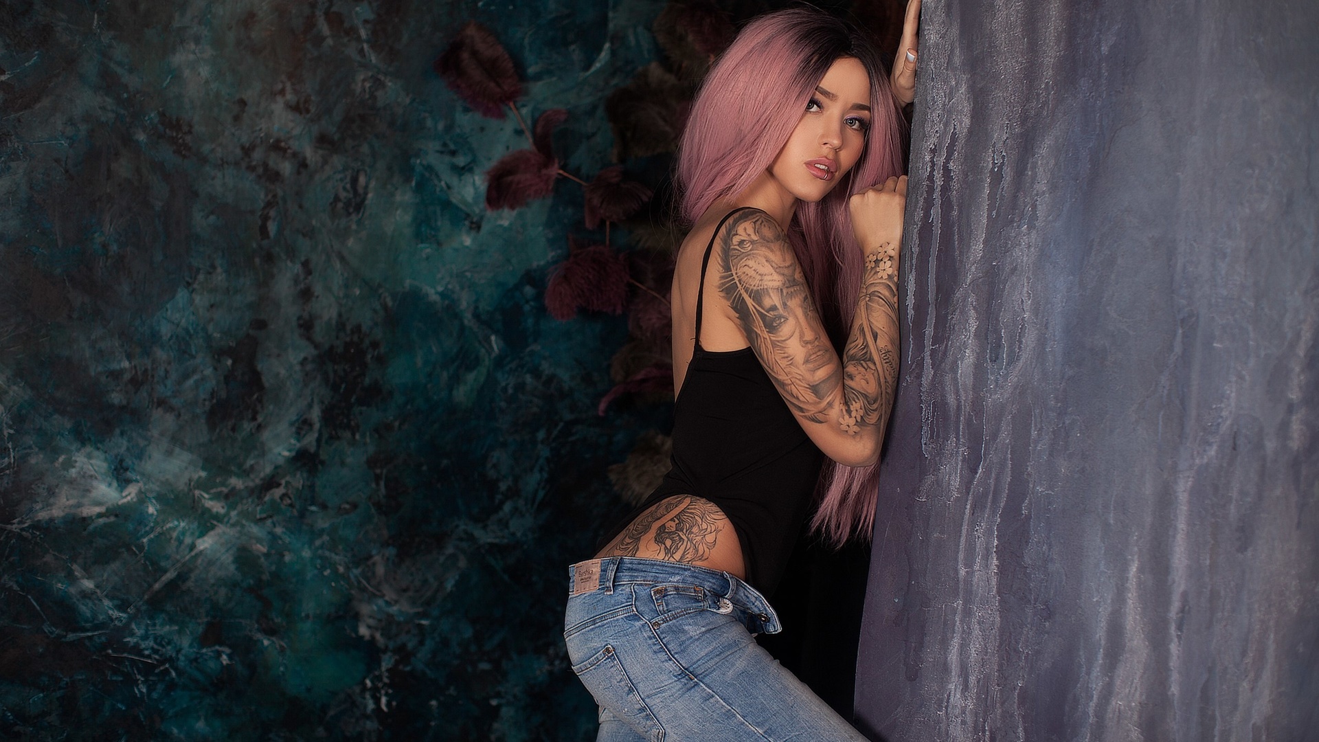 women, tanned, pink hair, dyed hair, tattoo, monokinis, long hair, jeans, lip ring, pink lipstick