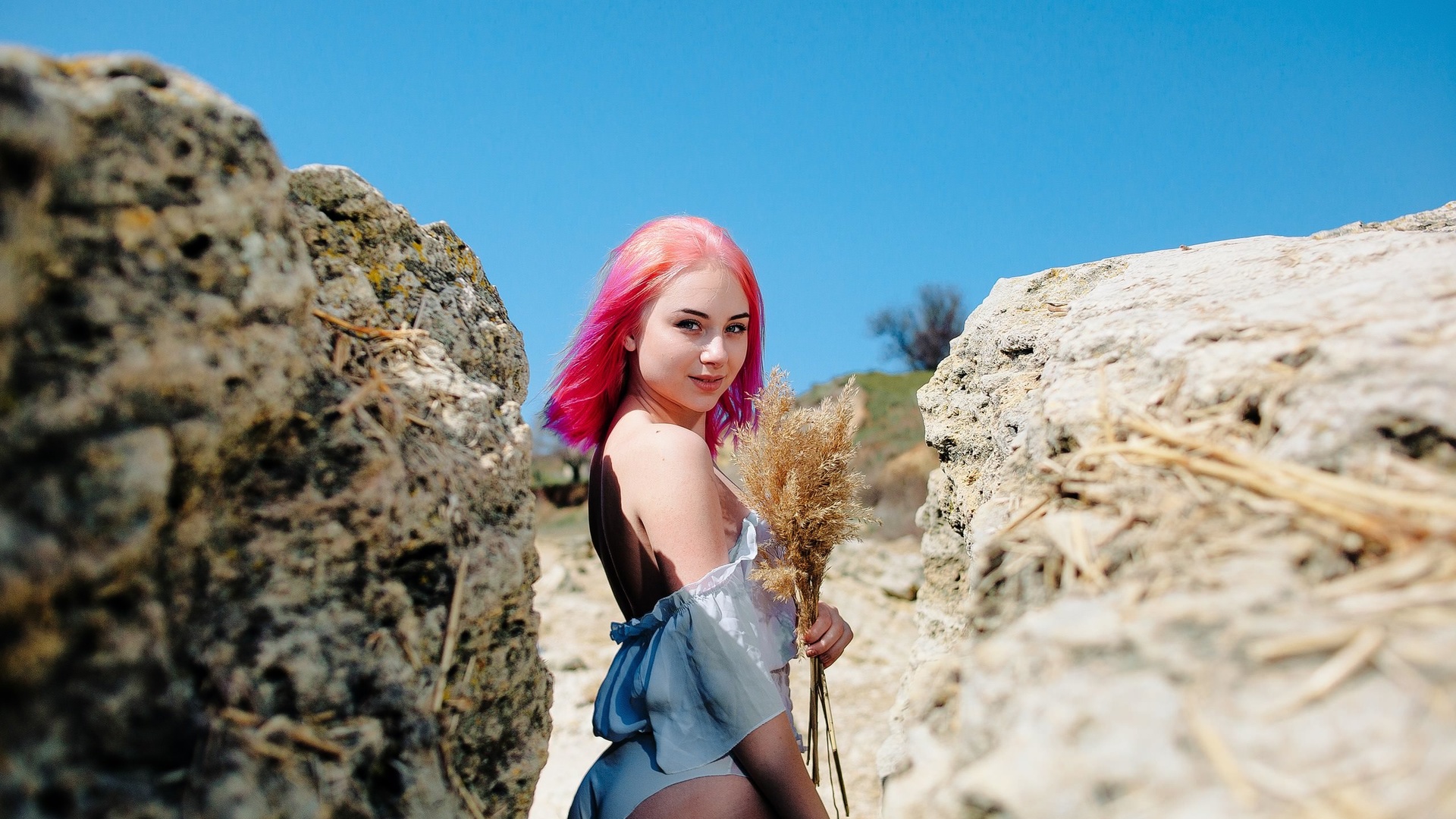 women, pink hair, women outdoors, dyed hair, smiling, ass, white panties, rocks, portrait