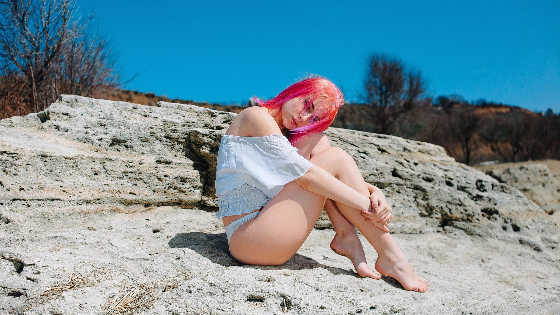 women, pink hair, women outdoors, dyed hair, sitting, white panties, hair in face