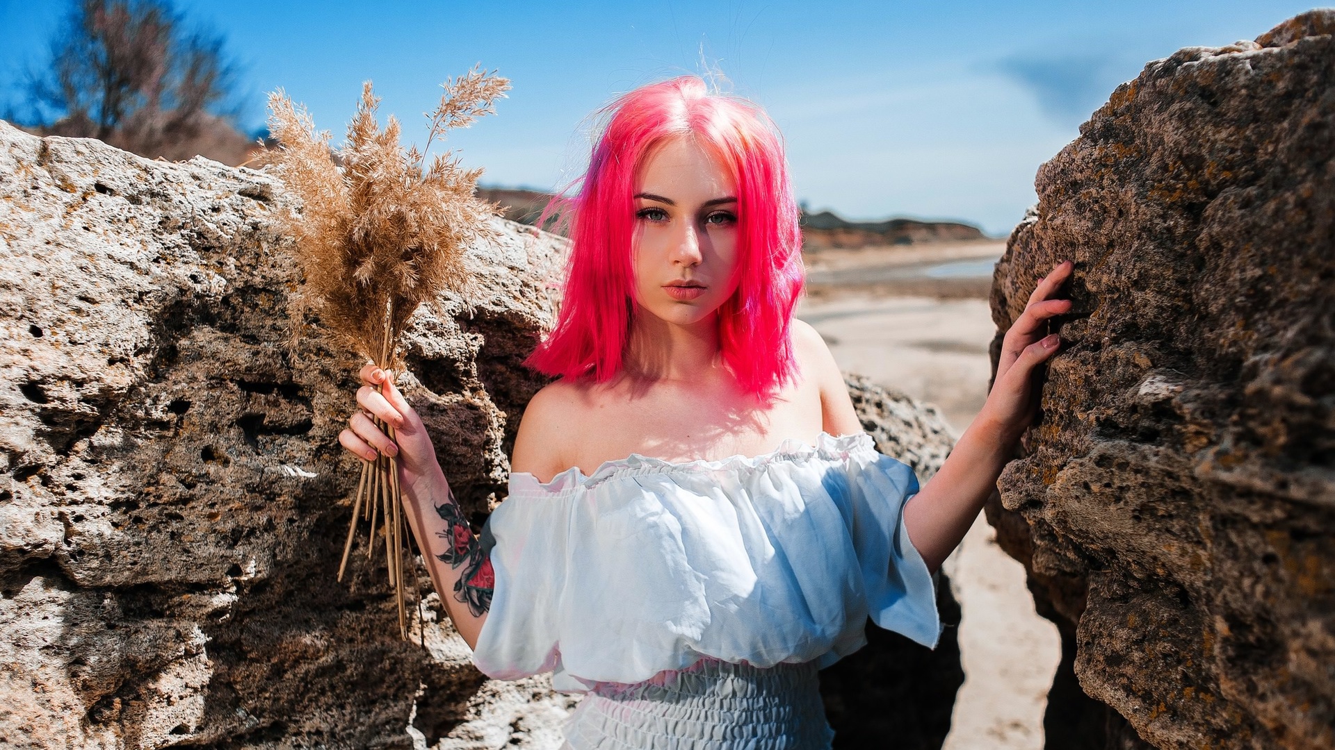 women, pink hair, women outdoors, dyed hair, portrait, tattoo, rocks, white panties