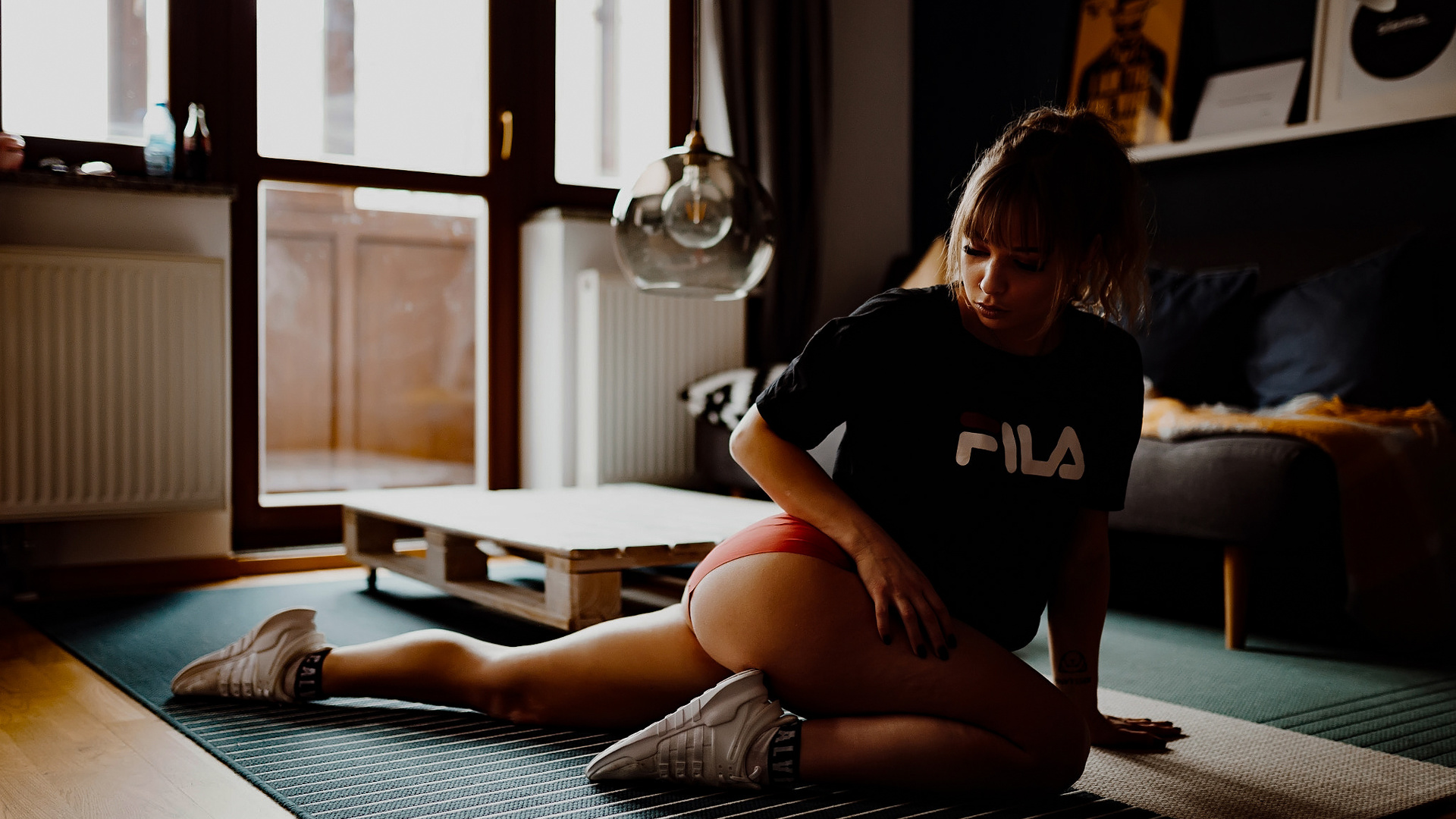 women, tanned, kneeling, light bulb, tattoo, socks, t-shirt, fila, on the floor, nose ring