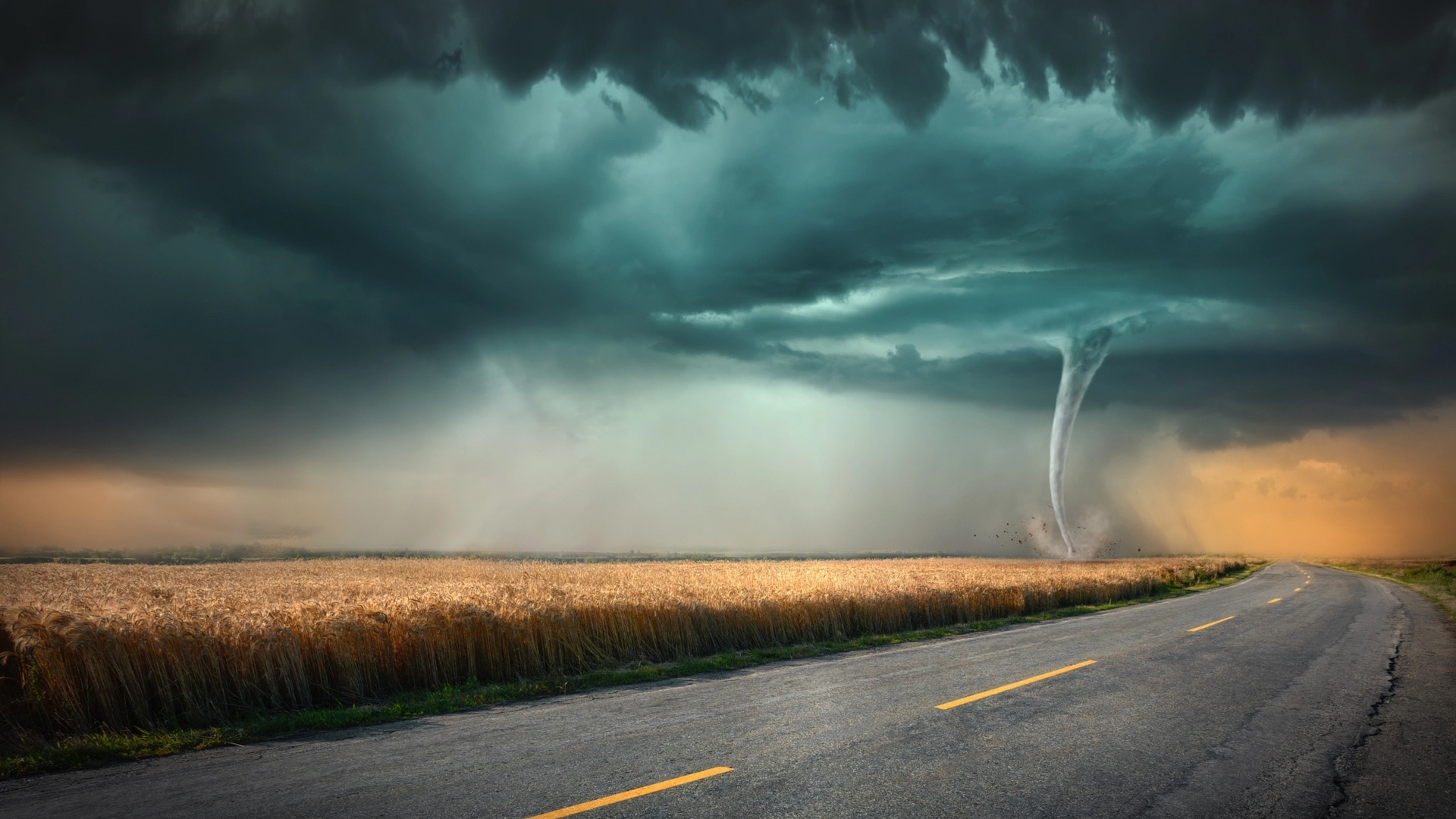 tornado, field, tornado, clouds, road