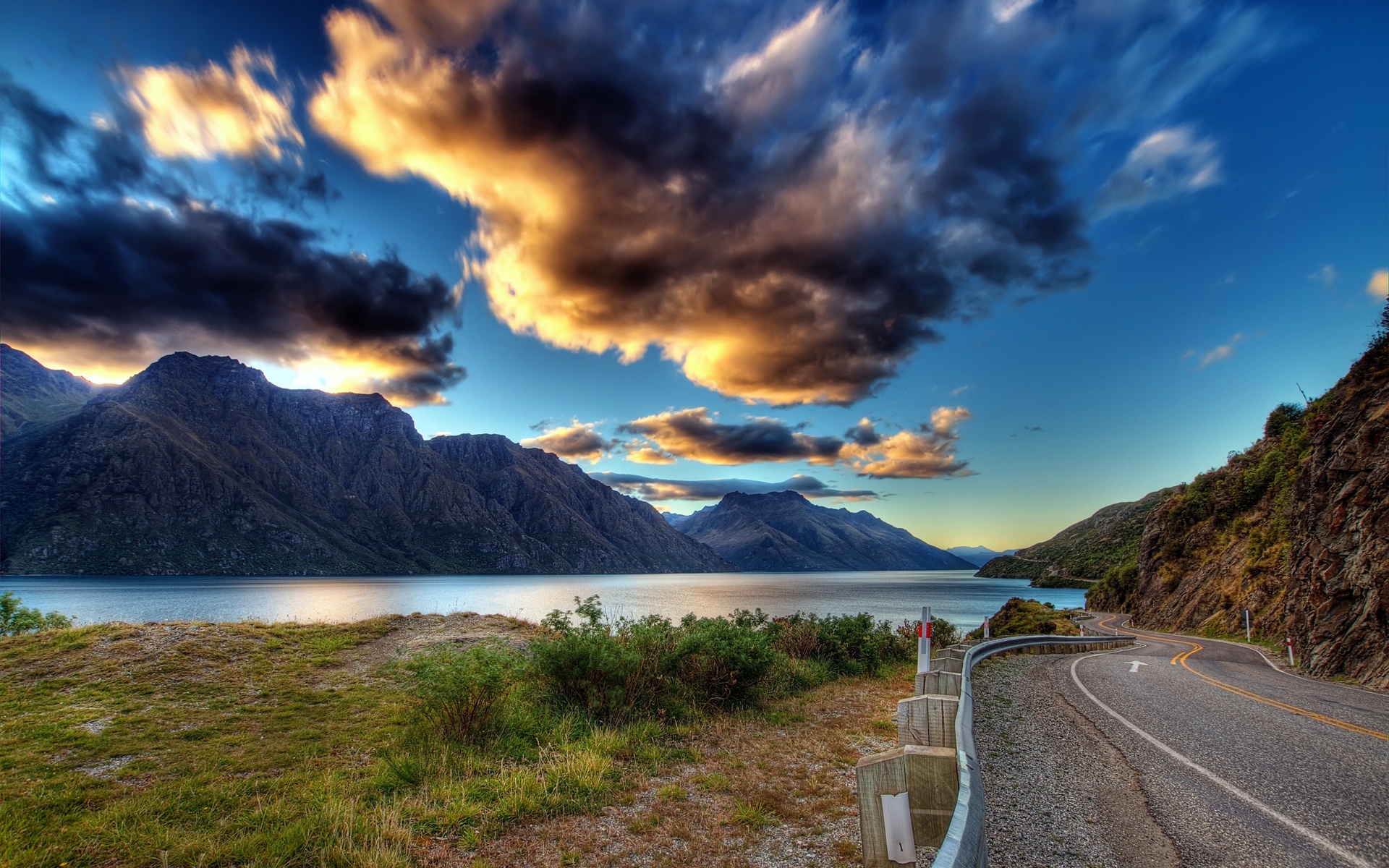 earth, clouds, mountains, nature, road, lake, water, greens, clouds, the sky, grass, river, landscape